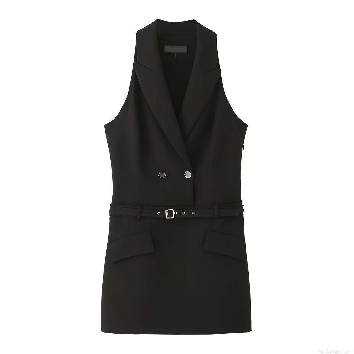 Women's Sleeveless Blazer Dress Elegant Double Breasted Vest Dress With Belt Office Lady Solid Color Midi Dress 100% Polyester Outfit Women's Sleeveless Blazer Dress Elegant Double Breasted Vest Dress With Belt Office Lady Solid Color Midi Dress 100% Polyester Outfit