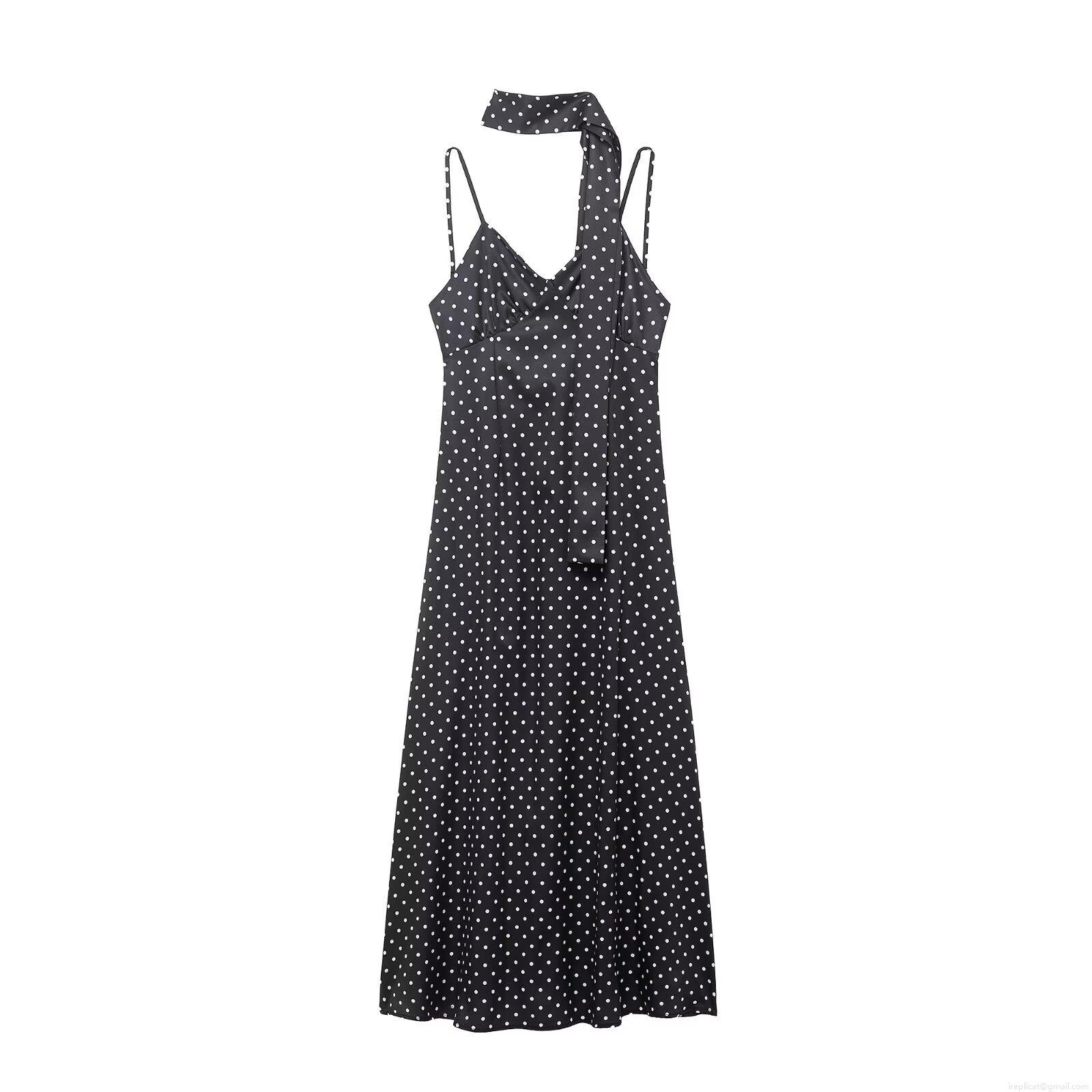 Women Sexy Polka Dot Slip Dress Polyester Spandex Backless Bodycon Midi Dress With Scarf Streamer Elegant Party Nightclub Outfit 2025 Fashion Clothing Women Sexy Polka Dot Slip Dress Polyester Spandex Backless Bodycon Midi Dress With Scarf Streamer Elegant Party Nightclub Outfit 2025 Fashion Clothing