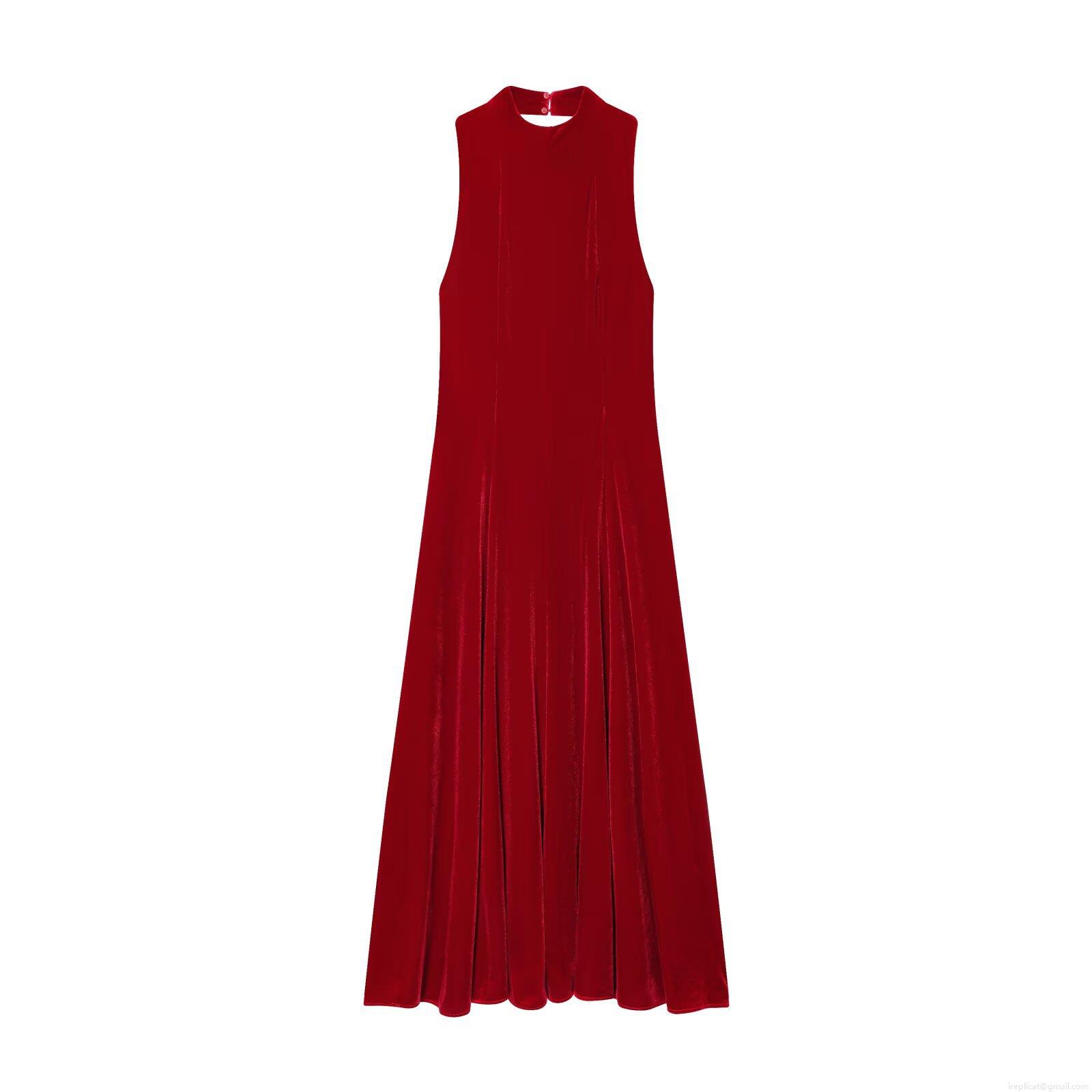 Women's Sexy Backless Velvet Midi Dress Sleeveless Elegant Round Neck A-Line Solid Red Evening Party Dress Slim Fit Formal Vestido Women's Sexy Backless Velvet Midi Dress Sleeveless Elegant Round Neck A-Line Solid Red Evening Party Dress Slim Fit Formal Vestido