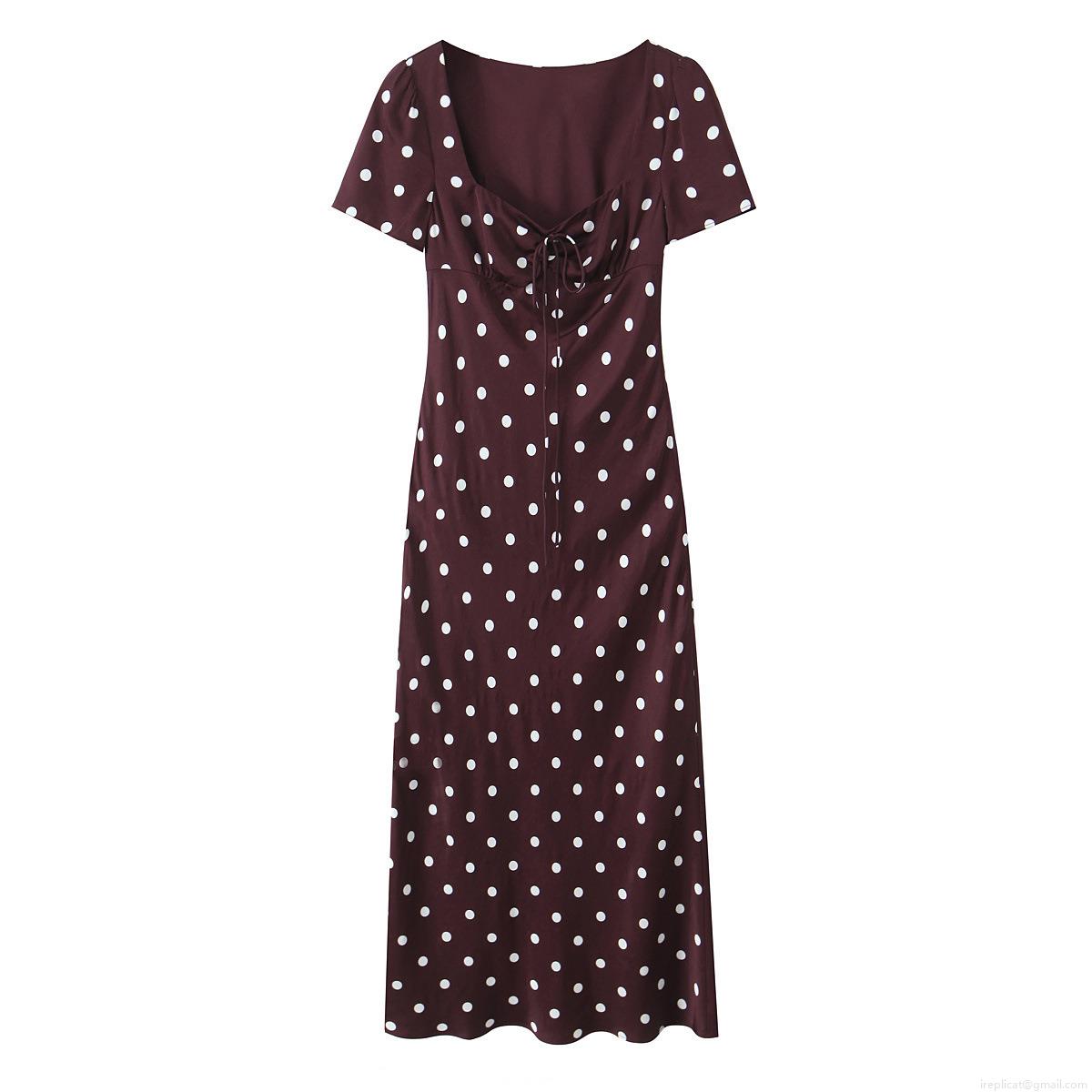 Women's French Retro Polka Dot Midi Dress Elegant Square Neck Tie Front Short Sleeve Slim Fit Burgundy Polyester Spandex A-Line Dress For Daily Wear Women's French Retro Polka Dot Midi Dress Elegant Square Neck Tie Front Short Sleeve Slim Fit Burgundy Polyester Spandex A-Line Dress For Daily Wear