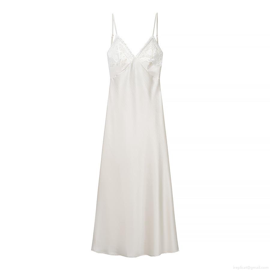 Sexy Backless Lace Stitching Satin Polyester Slip Dress Women V-Neck Sleeveless Mid-Length Cream White Nightgown Elegant Evening Party Wear Sexy Backless Lace Stitching Satin Polyester Slip Dress Women V-Neck Sleeveless Mid-Length Cream White Nightgown Elegant Evening Party Wear