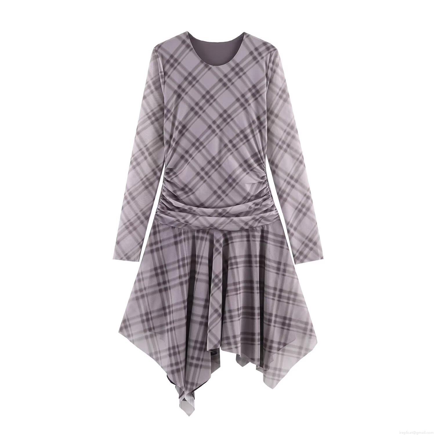 Women Fashion Mesh Patchwork Plaid Long Sleeve Dress Round Neck Slim Fit Irregular Hem Midi Dress Purple Grey Gathering Tulle Casual Dress For Women Women Fashion Mesh Patchwork Plaid Long Sleeve Dress Round Neck Slim Fit Irregular Hem Midi Dress Purple Grey Gathering Tulle Casual Dress For Women