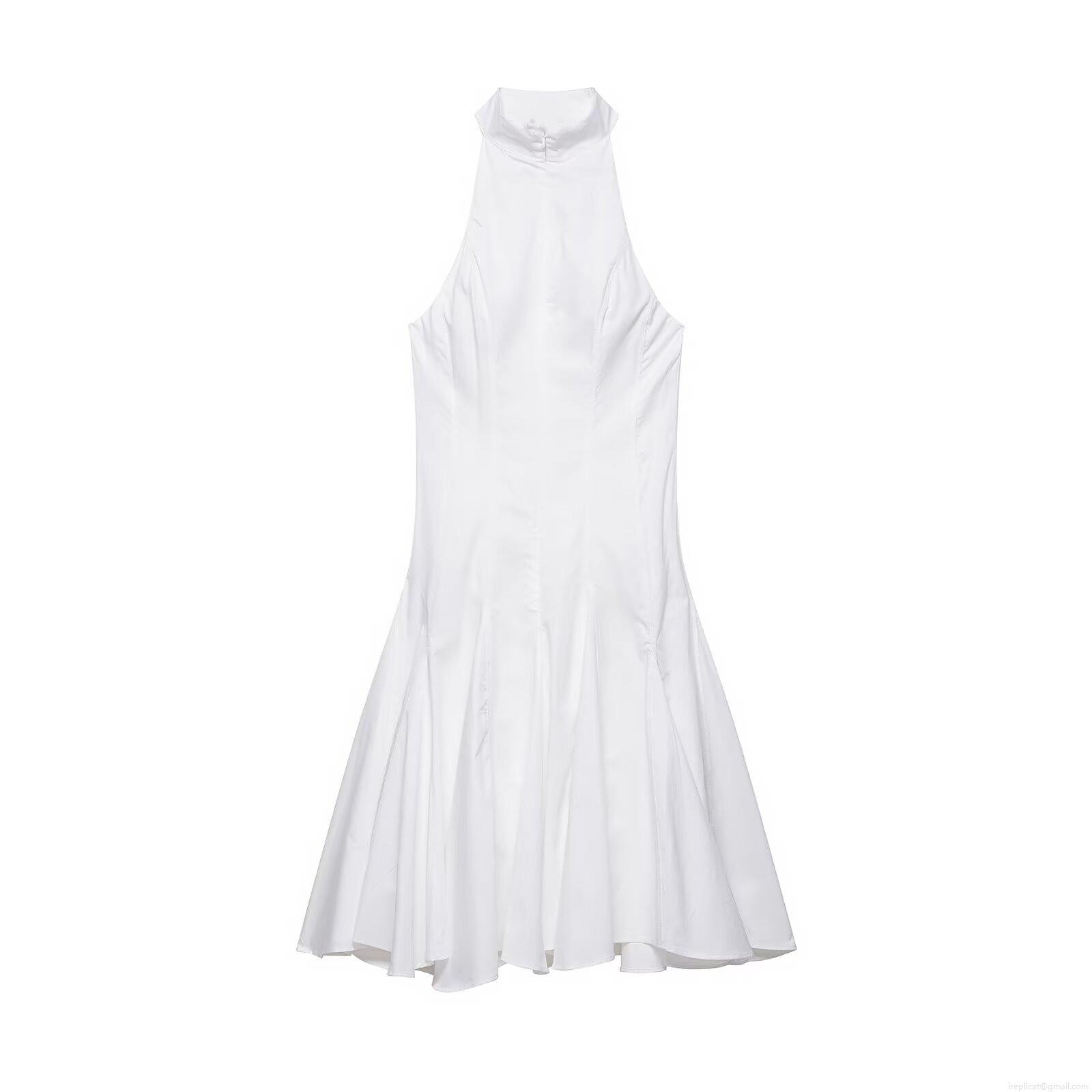 Women's Elegant Halter Neck Sleeveless Midi Dress Minimalist Solid Color Ruffle Trim A-Line Flare Party Dress For Summer Vacation