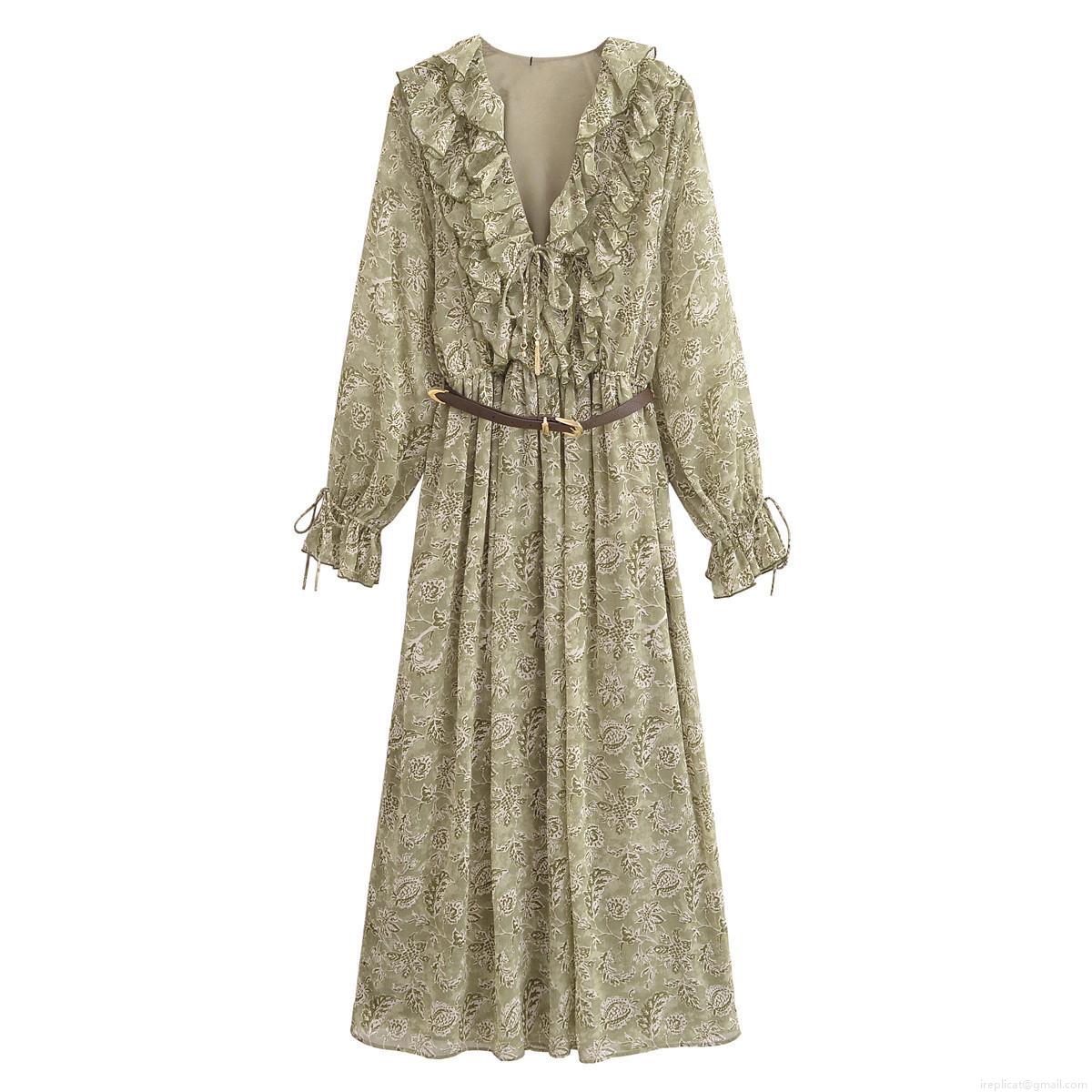 Women's Elegant Floral Chiffon Midi Dress Long Sleeve V-Neck Ruffled Layered A-Line Dress With Faux Leather Belt Bohemian Vintage Style For Vacation Daily Commute Women's Elegant Floral Chiffon Midi Dress Long Sleeve V-Neck Ruffled Layered A-Line Dress With Faux Leather Belt Bohemian Vintage Style For Vacation Daily Commute