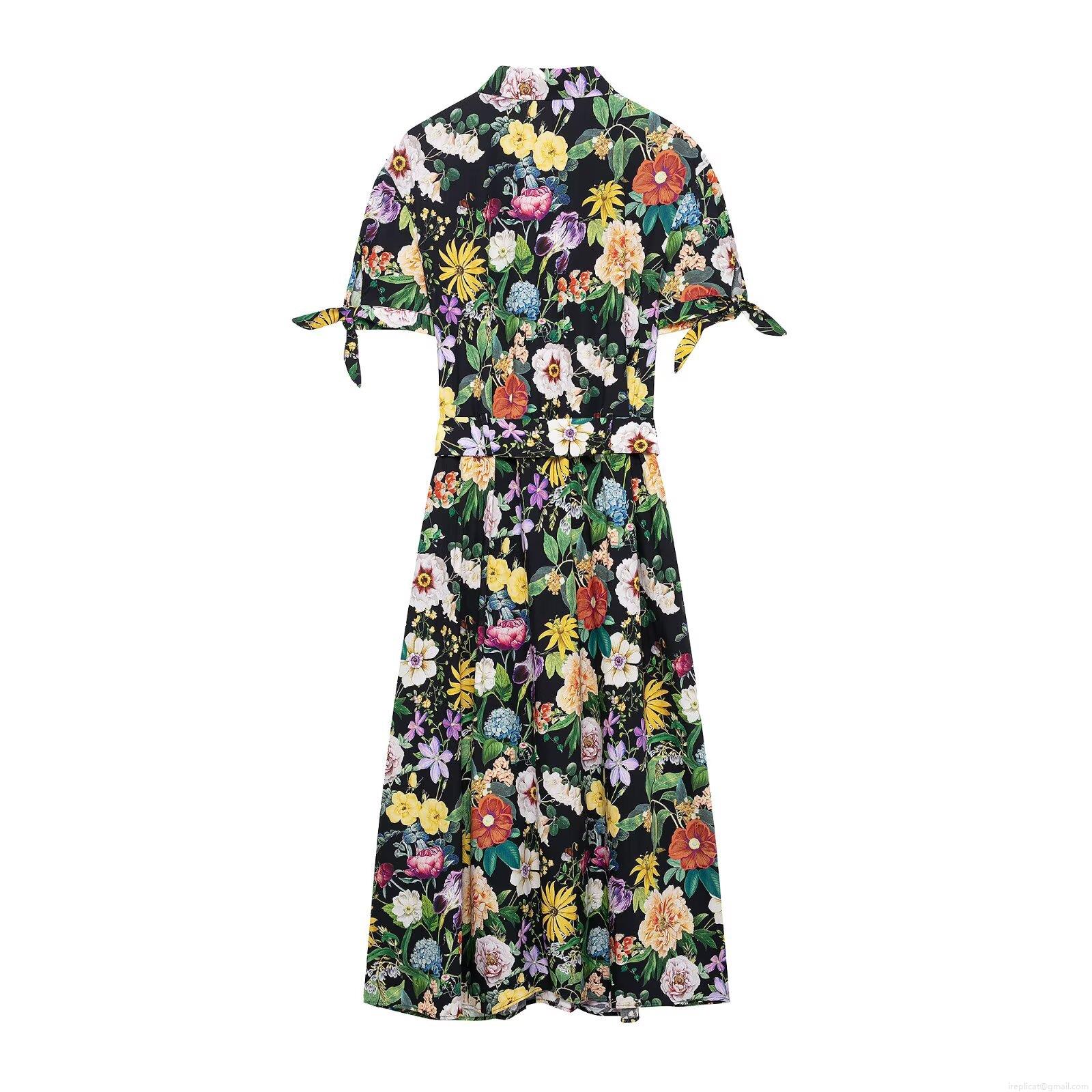 Women\'s Floral Print Midi Dress 100% Polyester Lapel Short Sleeve Button Down A-Line Belted Dress For Vacation Daily Wear Retro Style