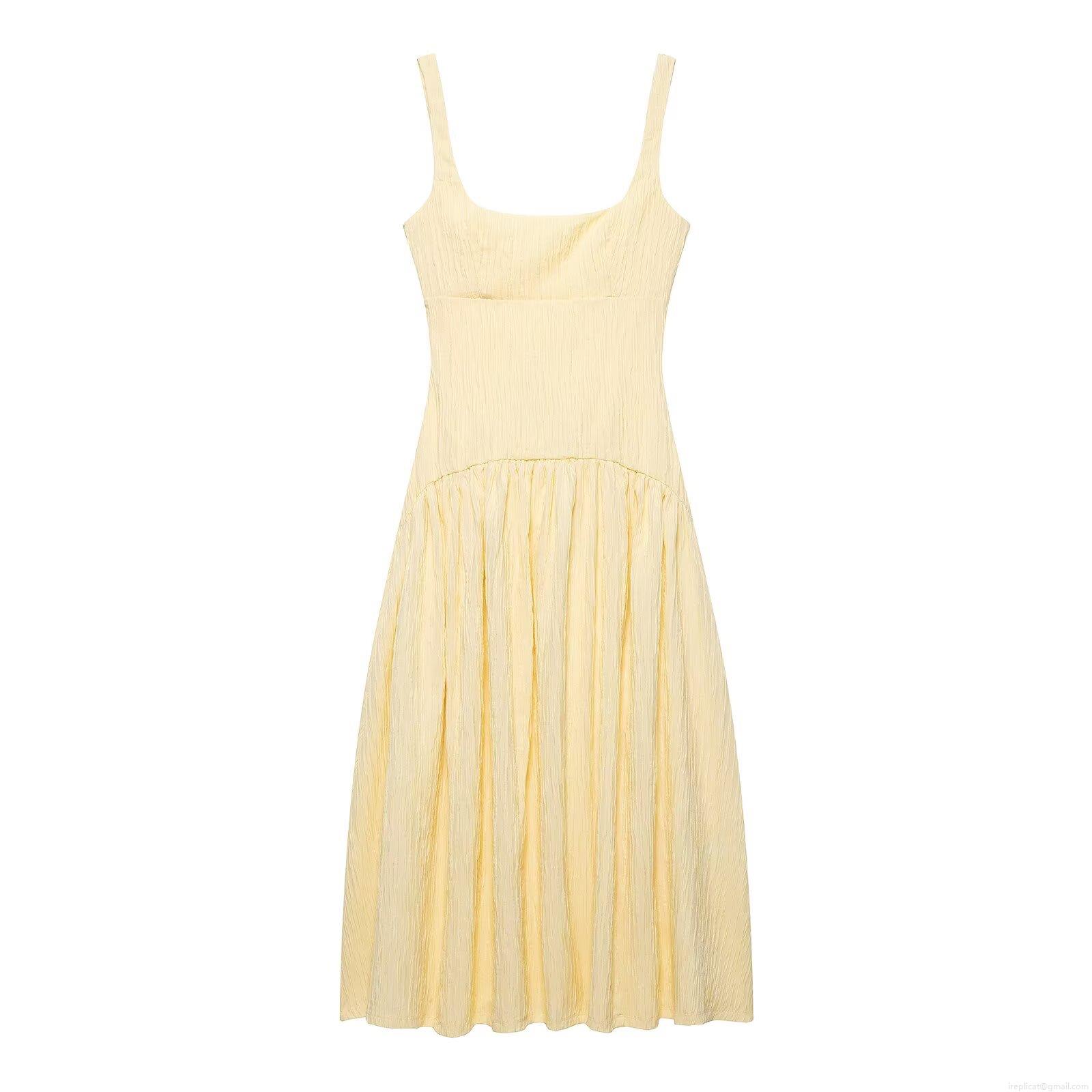 Women Square Neck Camisole Dress Pleated Texture Elegant Sleeveless Backless A-line Mid-length Dress For Summer Vacation Daily Wear Women Square Neck Camisole Dress Pleated Texture Elegant Sleeveless Backless A-line Mid-length Dress For Summer Vacation Daily Wear