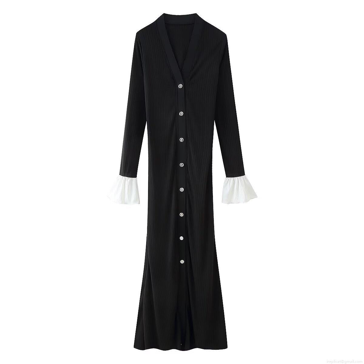 Women's Elegant V-Neck Ribbed Knit Bodycon Midi Dress Long Sleeve Contrast Ruffle Cuffs Button Front Slim Fit Solid Color Knitwear Dress Women's Elegant V-Neck Ribbed Knit Bodycon Midi Dress Long Sleeve Contrast Ruffle Cuffs Button Front Slim Fit Solid Color Knitwear Dress