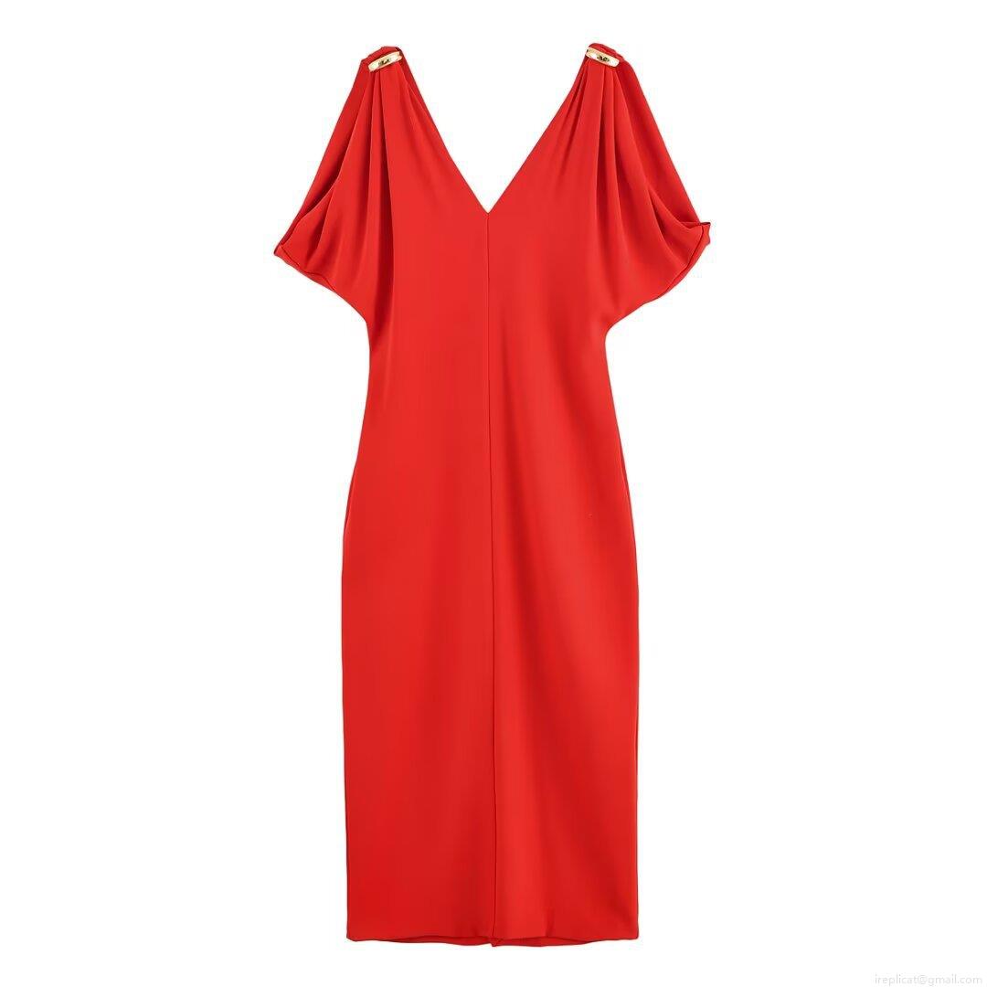 Women's Elegant Red V-Neck Backless Dress With Gold Metal Buckle Pleated Short Sleeve Polyester Midi A-Line Dress For Party Evening Sexy Celebrity Style Women's Elegant Red V-Neck Backless Dress With Gold Metal Buckle Pleated Short Sleeve Polyester Midi A-Line Dress For Party Evening Sexy Celebrity Style