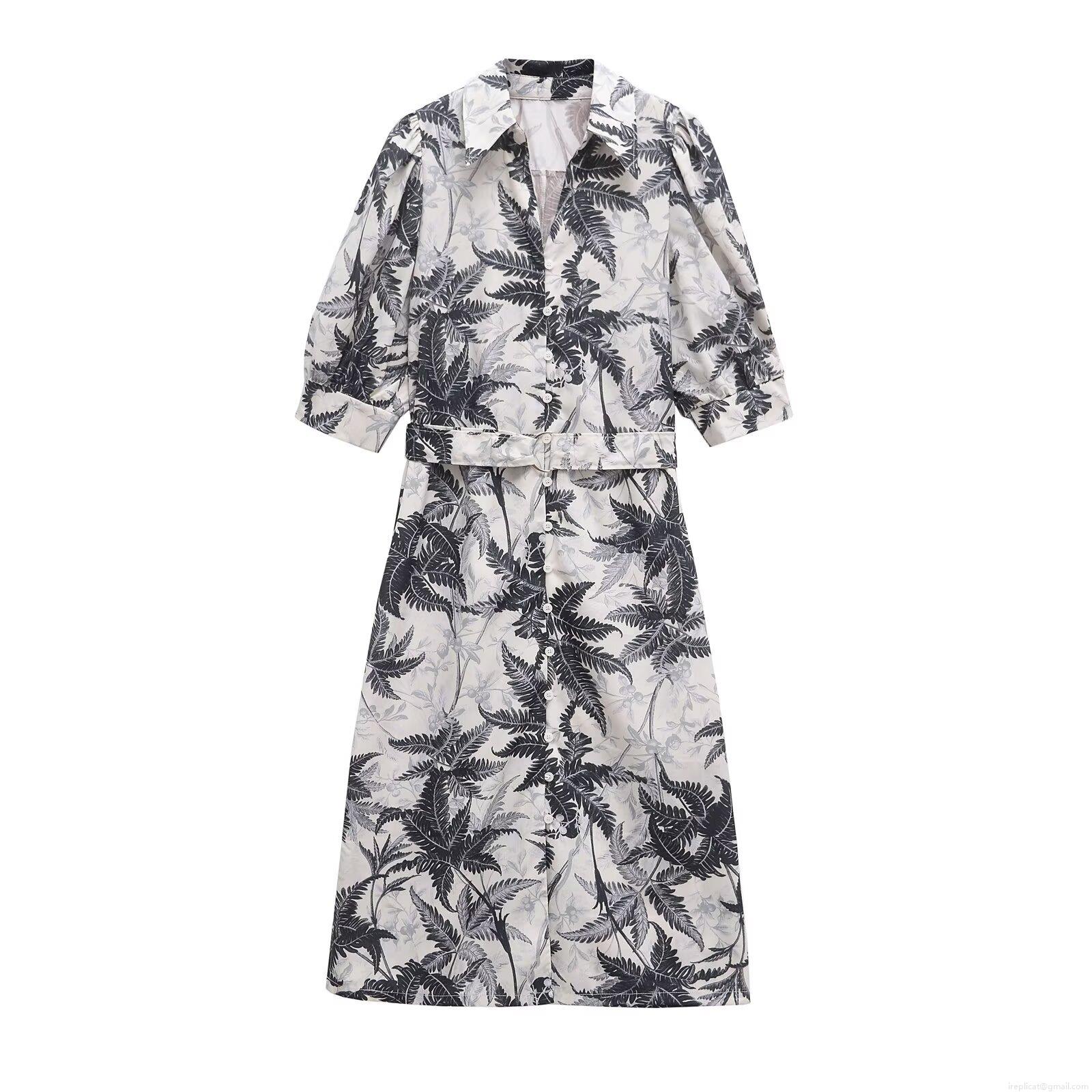 Women Summer Casual Tropical Leaf Print Shirt Dress Elegant Bubble Short Sleeve Button Down Maxi Dress With Belt Casual Vacation Polyester Spandex Wear Women Summer Casual Tropical Leaf Print Shirt Dress Elegant Bubble Short Sleeve Button Down Maxi Dress With Belt Casual Vacation Polyester Spandex Wear