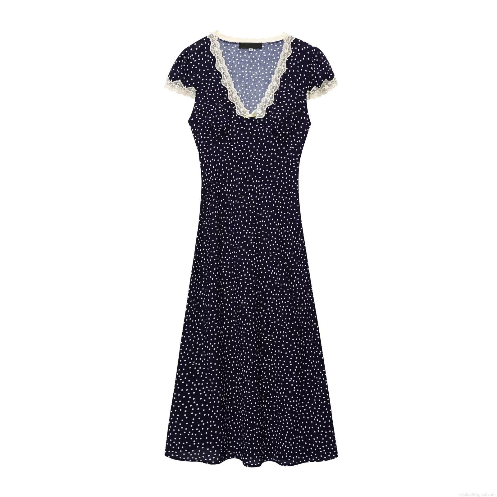 Women's Retro Navy Blue Polka Dot Midi Dress With Lace Trim V Neck Short Sleeve A-Line Summer Elegant Dress For Women Women's Retro Navy Blue Polka Dot Midi Dress With Lace Trim V Neck Short Sleeve A-Line Summer Elegant Dress For Women