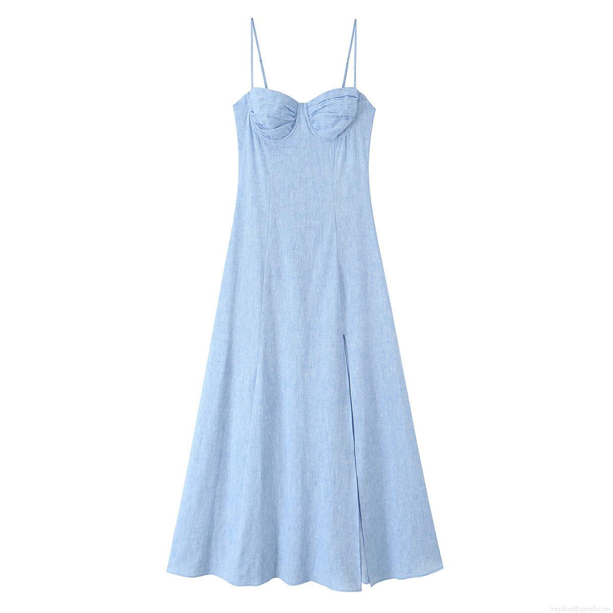 Women Sky Blue Camisole Dress Sexy Ruched Heart Neckline High Split Long Dress Elegant Slim Fit Sleeveless Summer Midi Dress For Party Vacation Women Sky Blue Camisole Dress Sexy Ruched Heart Neckline High Split Long Dress Elegant Slim Fit Sleeveless Summer Midi Dress For Party Vacation