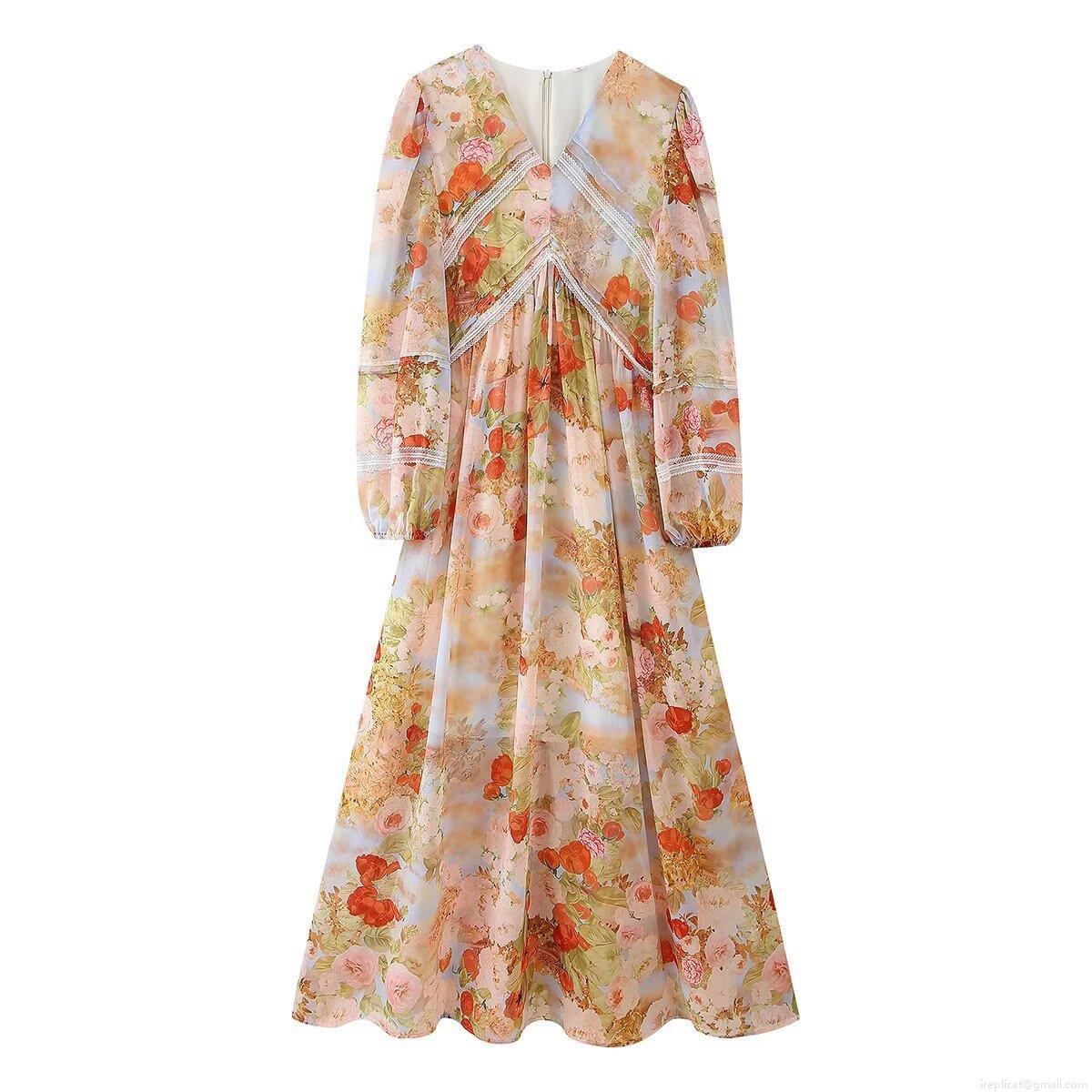 Elegant Women's Floral Print Midi Dress Chiffon Polyester With Lace Trim V-Neck Long Sleeve Resort Vacation Party Slim Fit A-Line For Women Elegant Women's Floral Print Midi Dress Chiffon Polyester With Lace Trim V-Neck Long Sleeve Resort Vacation Party Slim Fit A-Line For Women
