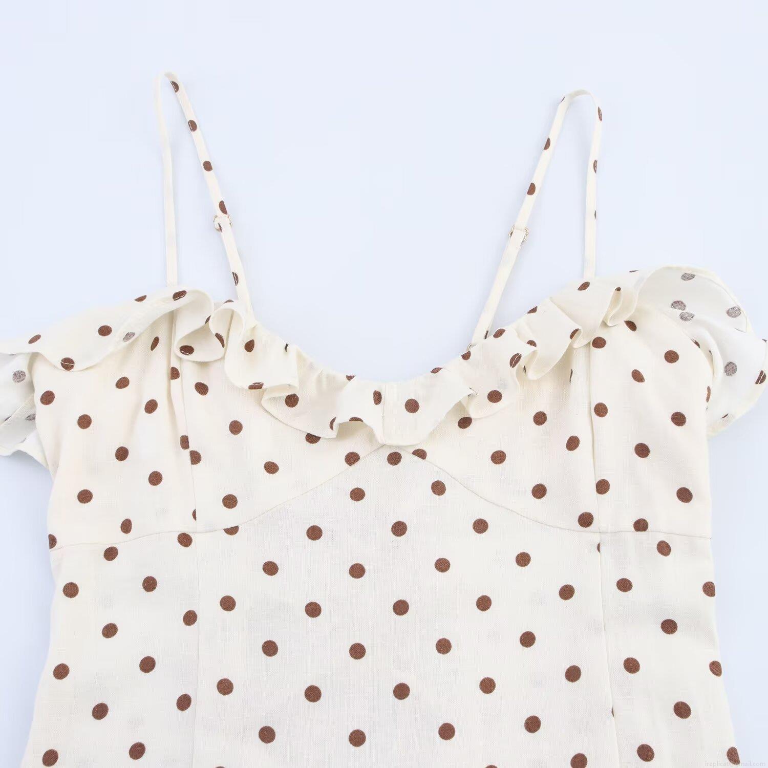 Women Sexy Linen Polka Dot Camisole Midi Dress Backless Tie-Back Side Slit Ruffle Detail Summer Vacation Beach Sundress