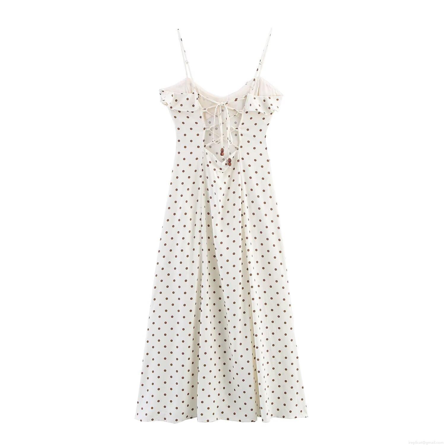 Women Sexy Linen Polka Dot Camisole Midi Dress Backless Tie-Back Side Slit Ruffle Detail Summer Vacation Beach Sundress