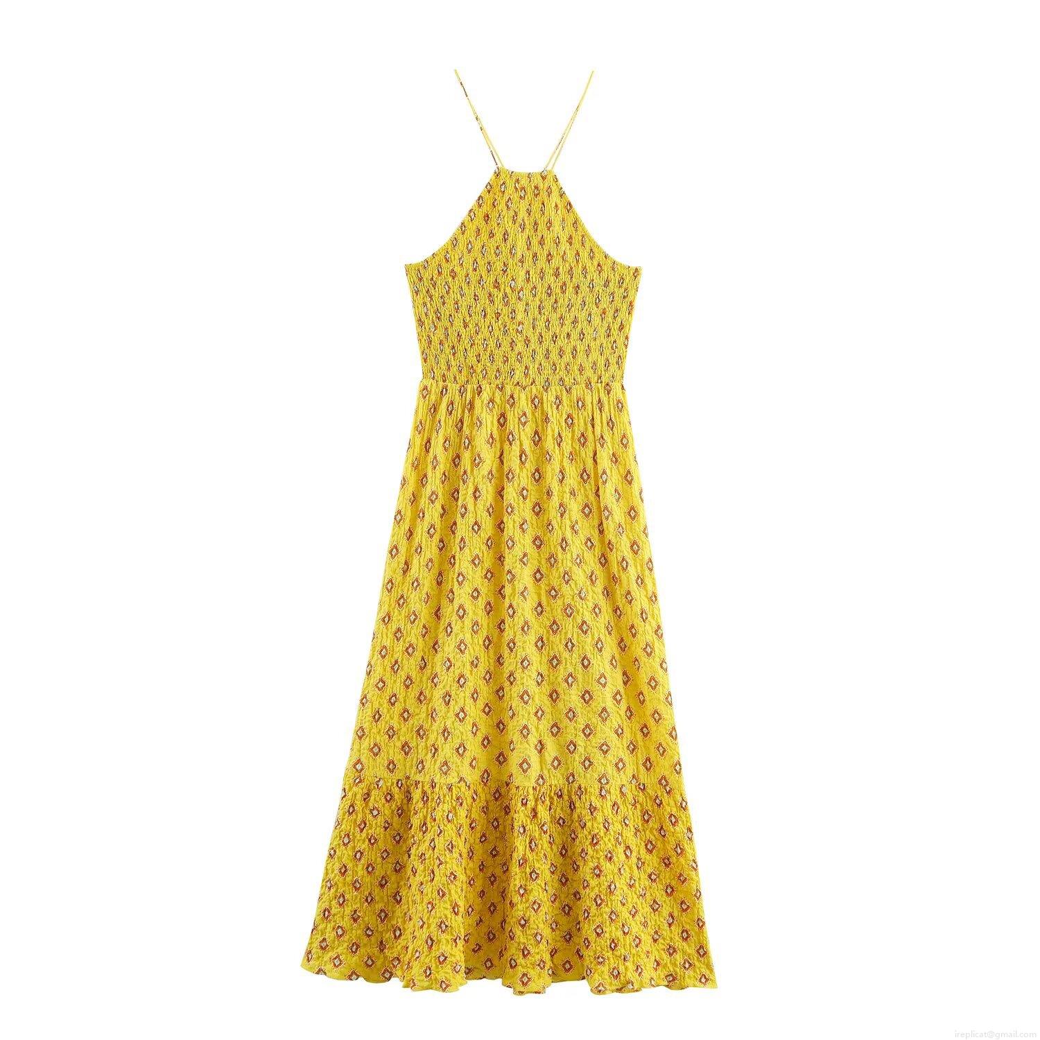 Women's Sexy Halter Cami Midi Dress Summer Bohemian Geometric Print Smocked Linen Blend A-Line Ruffle Backless Sundress For Vacation Party Women's Sexy Halter Cami Midi Dress Summer Bohemian Geometric Print Smocked Linen Blend A-Line Ruffle Backless Sundress For Vacation Party