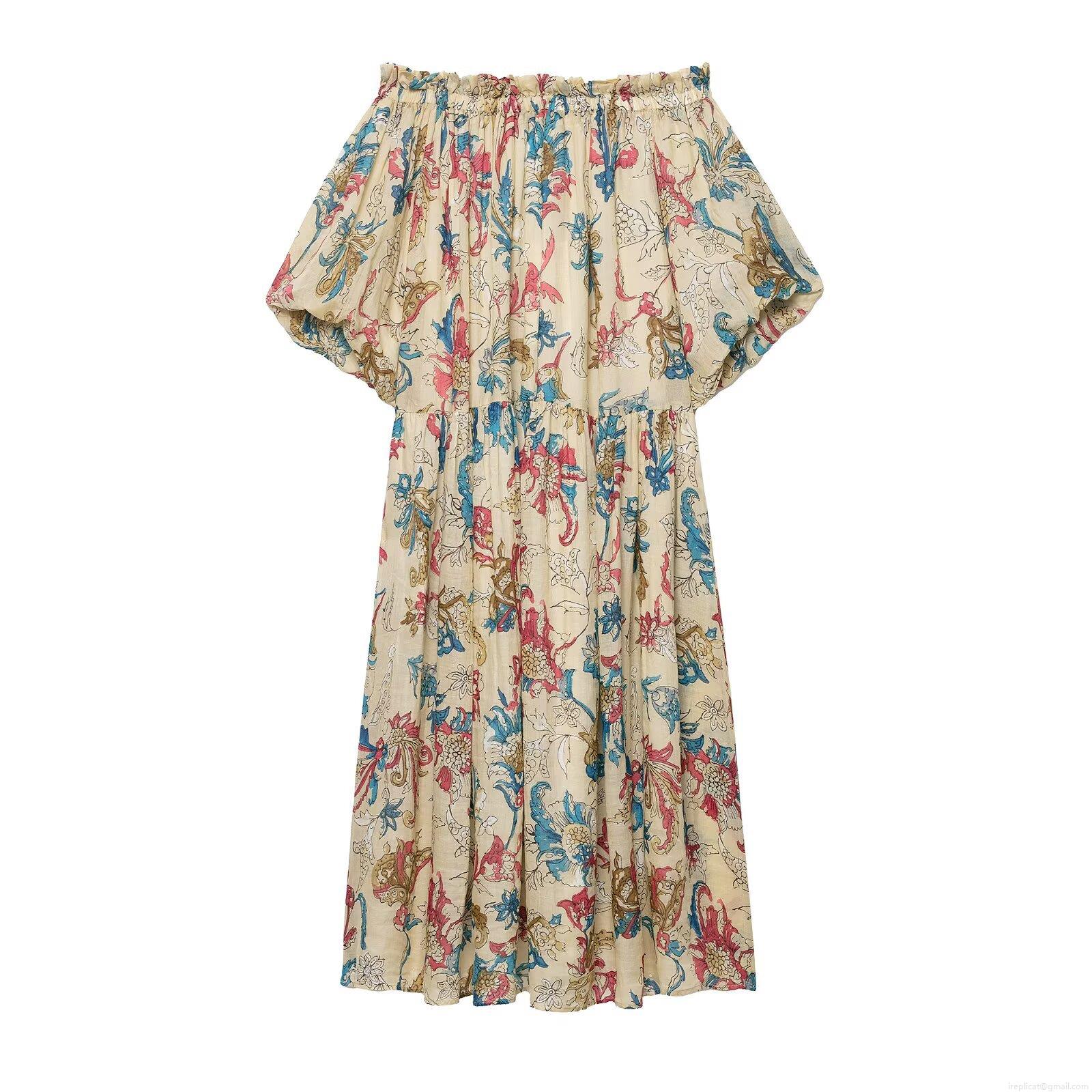 Women's Off-Shoulder Floral Print Midi Dress Ramie Polyester Blend Puff Sleeve A-Line Bohemian Resort Style Summer Dress for Vacation Women's Off-Shoulder Floral Print Midi Dress Ramie Polyester Blend Puff Sleeve A-Line Bohemian Resort Style Summer Dress for Vacation