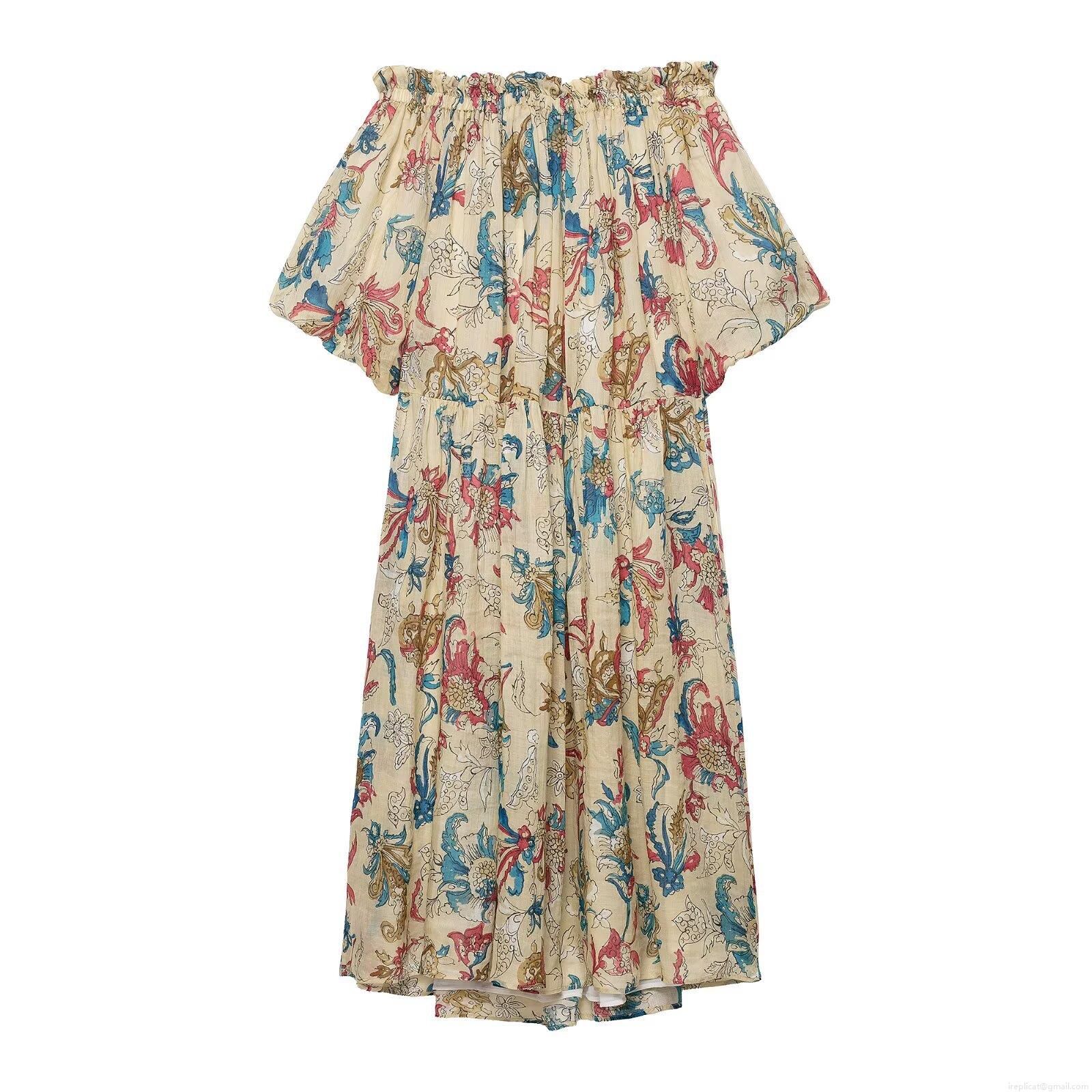 Women\'s Off-Shoulder Floral Print Midi Dress Ramie Polyester Blend Puff Sleeve A-Line Bohemian Resort Style Summer Dress for Vacation