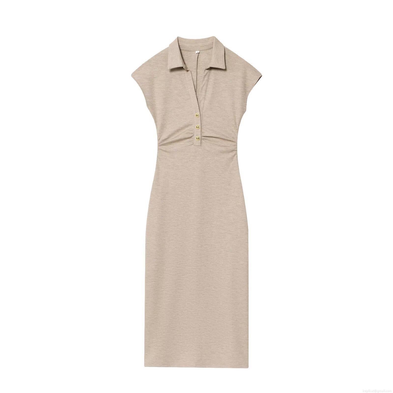 Women's Elegant Polo Collar Sleeveless Knit Midi Dress Slim Fit Bodycon Summer Oatmeal Khaki Solid Color Dress With Gold Buttons Chic Casual Office Lady Knit Polyester Spandex Long Dress Women's Elegant Polo Collar Sleeveless Knit Midi Dress Slim Fit Bodycon Summer Oatmeal Khaki Solid Color Dress With Gold Buttons Chic Casual Office Lady Knit Polyester Spandex Long Dress