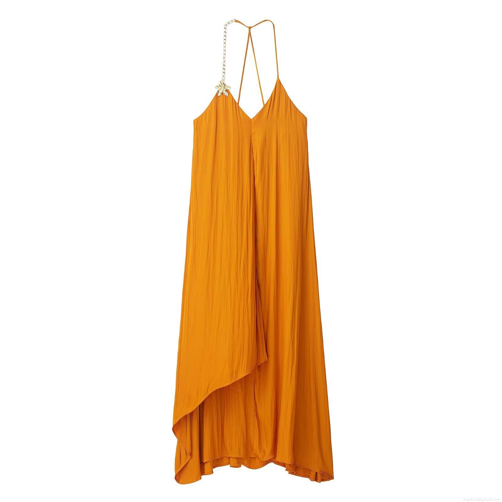 Women's Summer Elegant Satin Texture Chain Strap Midi Dress Asymmetric Hem Flower Buckle Pleated Orange Solid Color Party Dress Women's Summer Elegant Satin Texture Chain Strap Midi Dress Asymmetric Hem Flower Buckle Pleated Orange Solid Color Party Dress