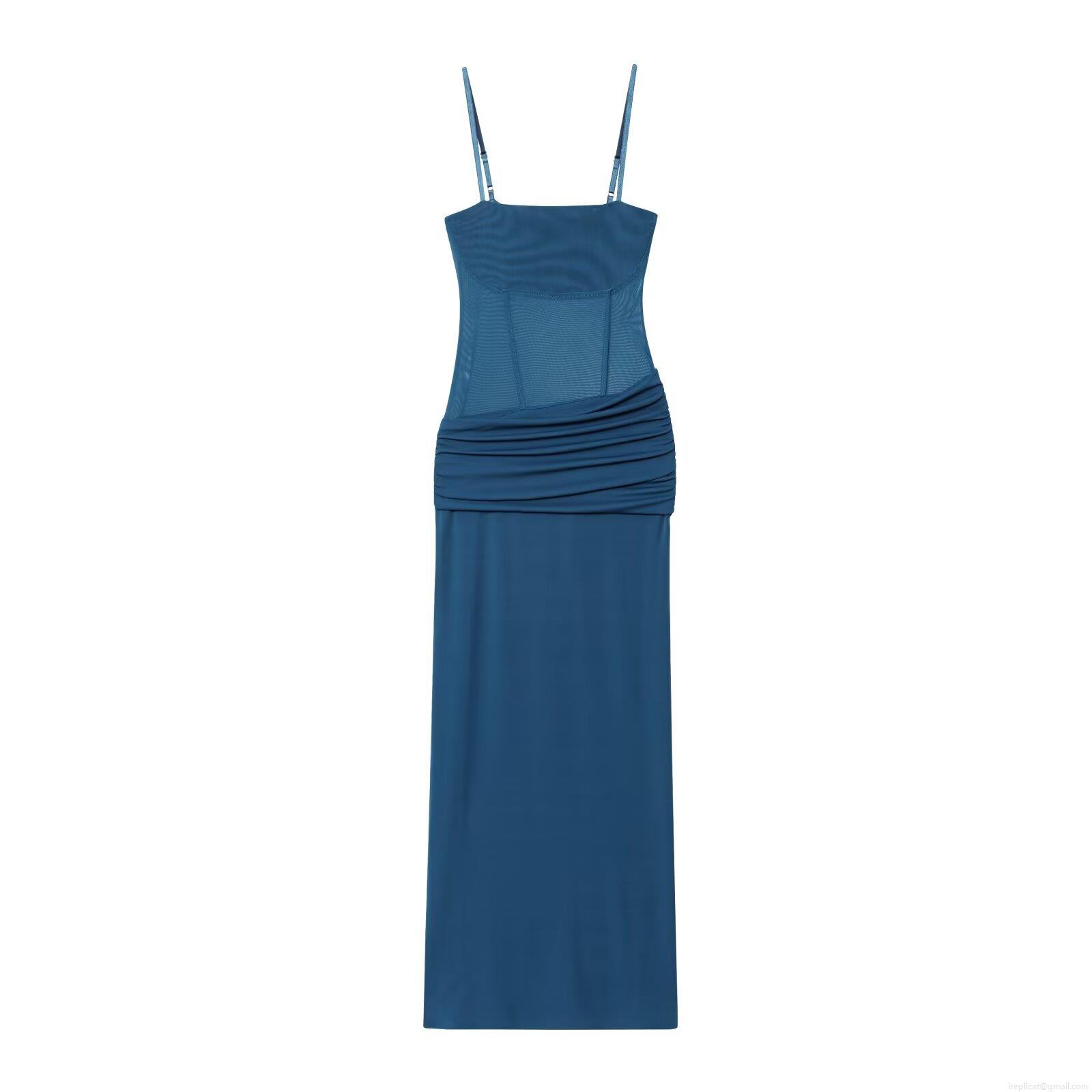 Sexy Navy Blue Mesh Splicing Ruched Cami Midi Dress Women Sleeveless Bodycon Spaghetti Strap Evening Party Socialite Club Dress Sexy Navy Blue Mesh Splicing Ruched Cami Midi Dress Women Sleeveless Bodycon Spaghetti Strap Evening Party Socialite Club Dress