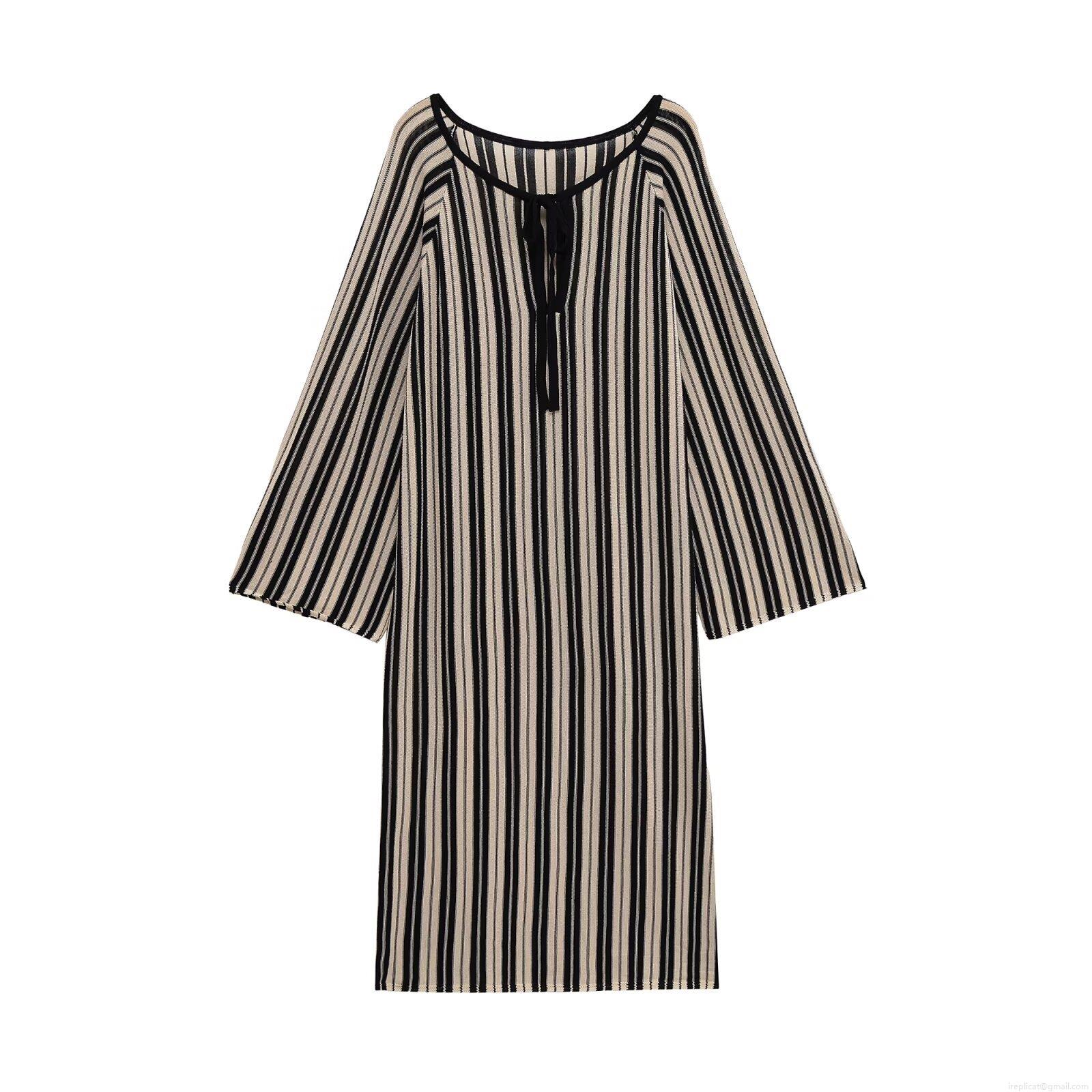 Women's Casual Striped Knit Midi Dress V-Neck Tie Front Long Sleeve Polyester Linen Blend Loose Striped Dress For Summer Daily Wear Women's Casual Striped Knit Midi Dress V-Neck Tie Front Long Sleeve Polyester Linen Blend Loose Striped Dress For Summer Daily Wear