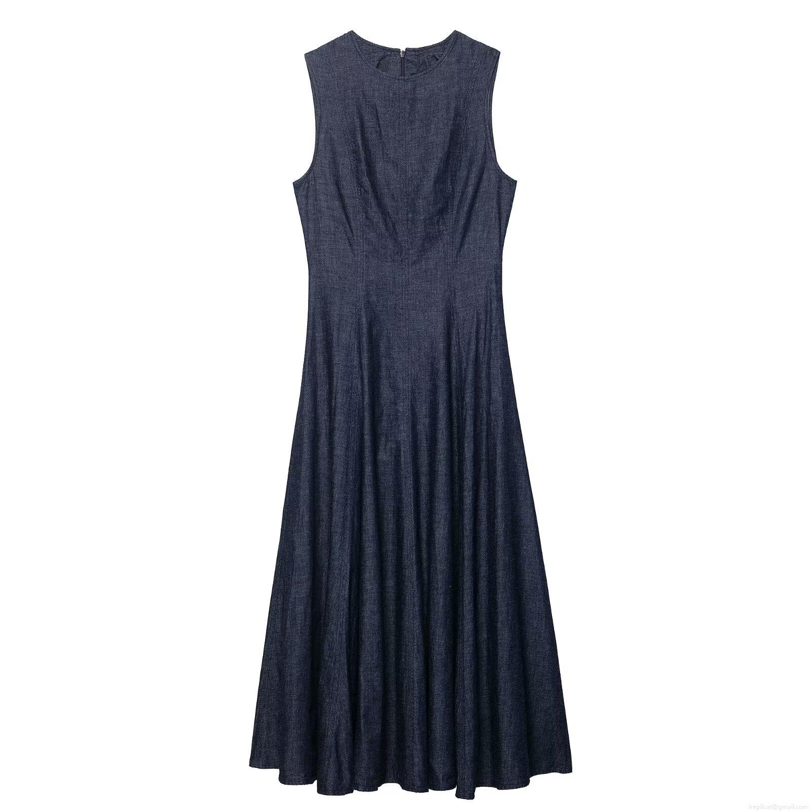 Women's Sleeveless Round Neck Denim Midi Dress Casual Slim Fit A-Line Flared Dark Blue Long Dress For Summer Daily Wear Women's Sleeveless Round Neck Denim Midi Dress Casual Slim Fit A-Line Flared Dark Blue Long Dress For Summer Daily Wear