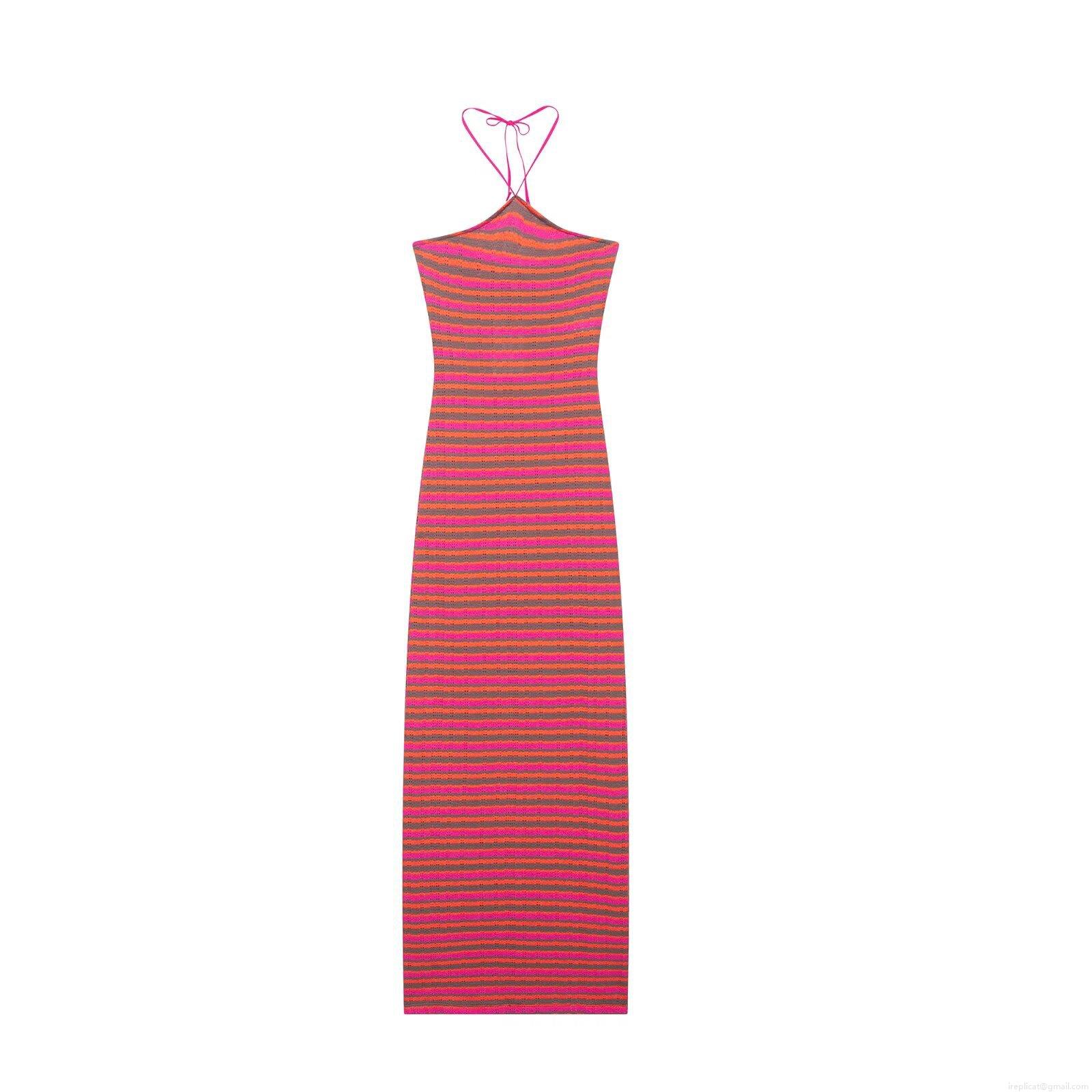 Women Halter Knit Maxi Dress Bohemian Multicolor Striped Sleeveless Backless Crochet Bodycon Sundress For Beach Vacation Party Sexy Long Dress Women Halter Knit Maxi Dress Bohemian Multicolor Striped Sleeveless Backless Crochet Bodycon Sundress For Beach Vacation Party Sexy Long Dress