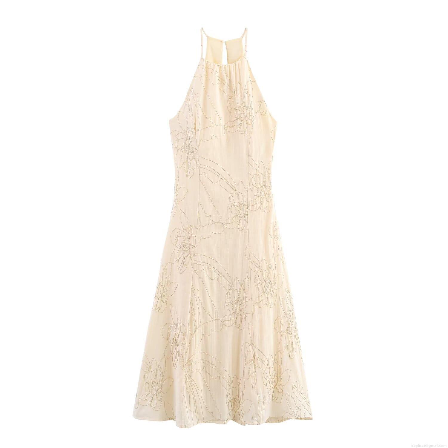 Women's Sexy Halter Neck Floral Embroidery Midi Dress Backless A-Line Cotton Blend Vacation Party Dresses For Women Women's Sexy Halter Neck Floral Embroidery Midi Dress Backless A-Line Cotton Blend Vacation Party Dresses For Women