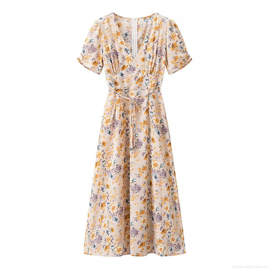 Elegant V-Neck Floral Print Midi Dress For Women Short Sleeve A-Line Flowy Polyester Spandex Blend Dress With Waist Tie Casual Party Vacation Wear Elegant V-Neck Floral Print Midi Dress For Women Short Sleeve A-Line Flowy Polyester Spandex Blend Dress With Waist Tie Casual Party Vacation Wear