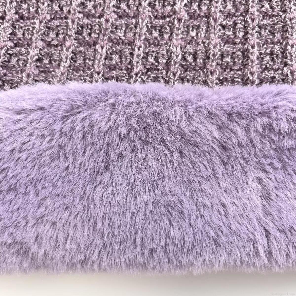 Elegant Women\'s Purple Knitted Midi Dress With Faux Fur Trim Hem Puff Sleeve Round Neck Metal Buttons Patchwork Party Style Autumn Winter Clothing