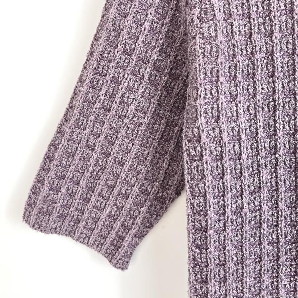Elegant Women\'s Purple Knitted Midi Dress With Faux Fur Trim Hem Puff Sleeve Round Neck Metal Buttons Patchwork Party Style Autumn Winter Clothing