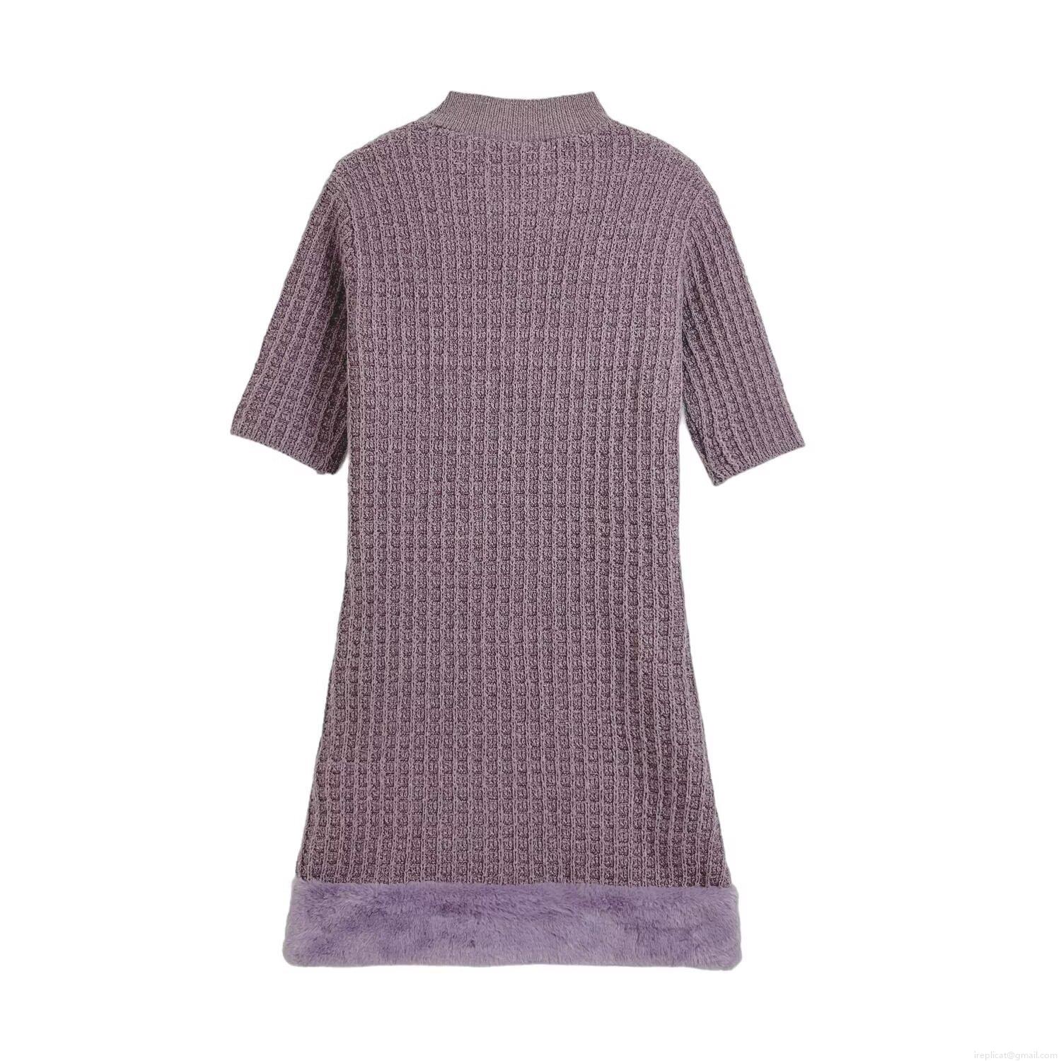 Elegant Women\'s Purple Knitted Midi Dress With Faux Fur Trim Hem Puff Sleeve Round Neck Metal Buttons Patchwork Party Style Autumn Winter Clothing