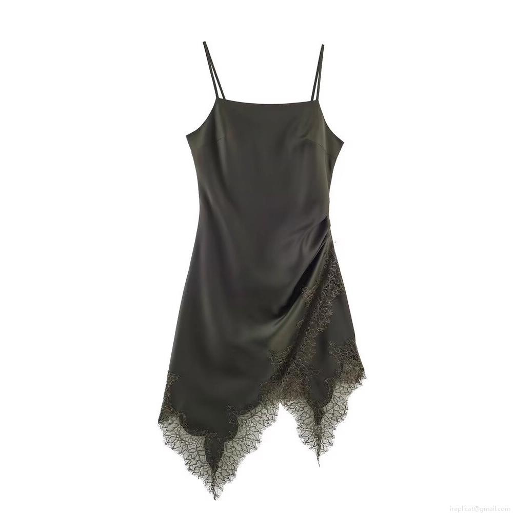 Women's Sexy Army Green Satin Cami Midi Dress With Lace Trim Asymmetrical Hem Elegant Slit Slip Dress For Party Date Night French Vintage Style Women's Sexy Army Green Satin Cami Midi Dress With Lace Trim Asymmetrical Hem Elegant Slit Slip Dress For Party Date Night French Vintage Style