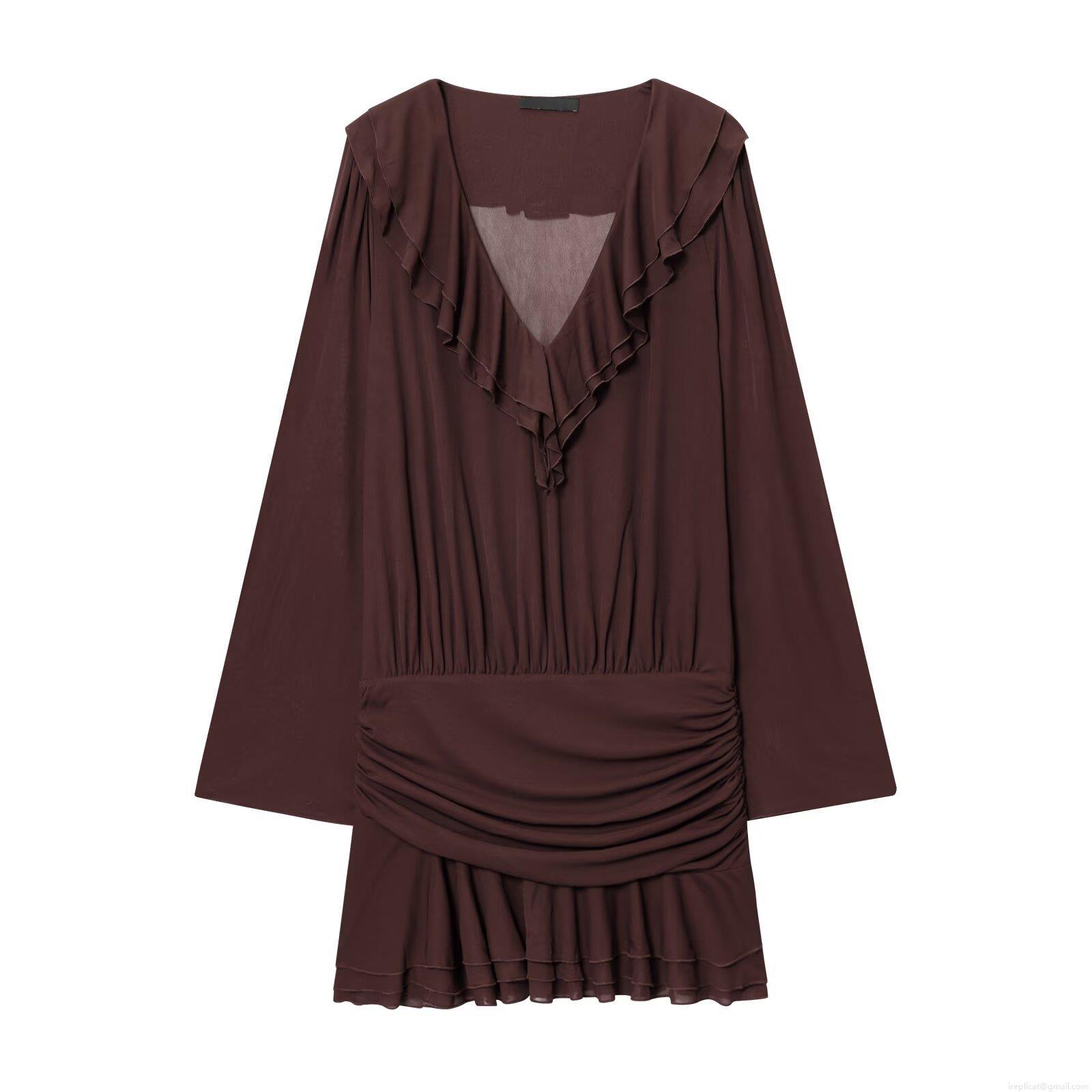 Women's Elegant Coffee V Neck Long Sleeve Tiered Ruffle Midi Dress Slim Fit Ruched Chiffon Pullover A-Line Dress For Commute Party Office Women's Elegant Coffee V Neck Long Sleeve Tiered Ruffle Midi Dress Slim Fit Ruched Chiffon Pullover A-Line Dress For Commute Party Office