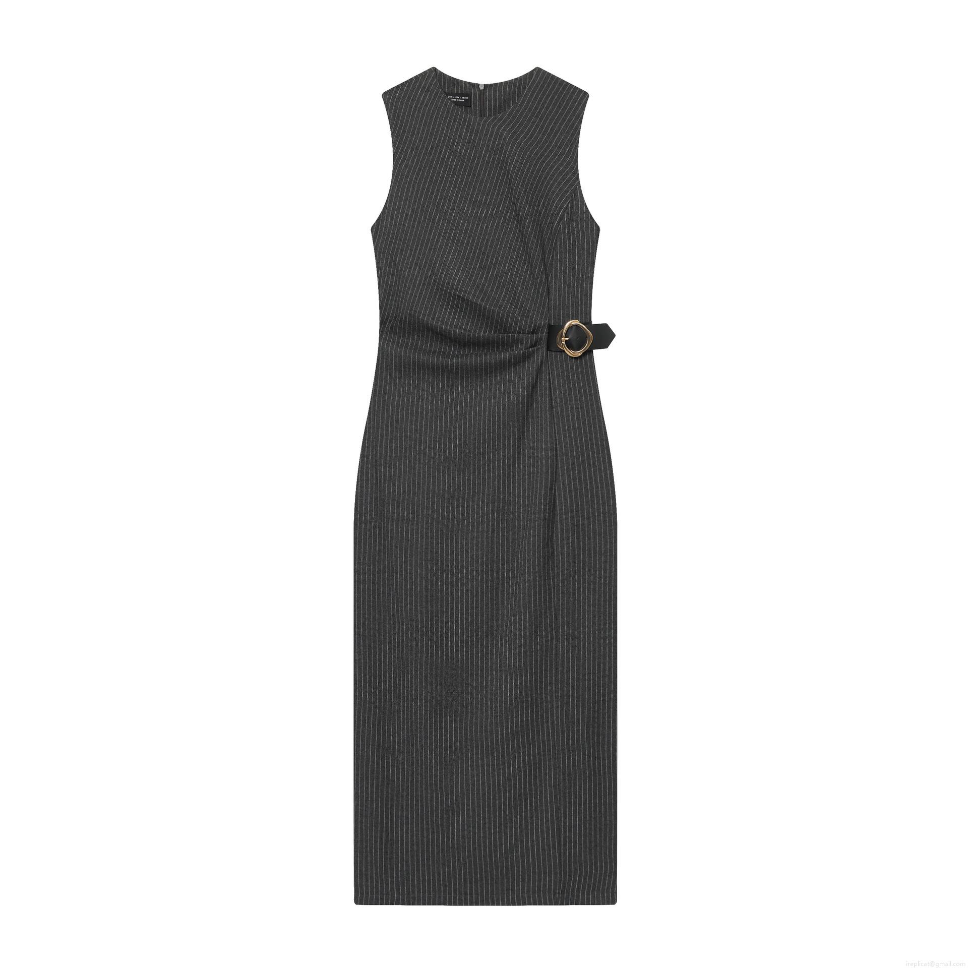 Women's Elegant Grey Stripe Sleeveless Midi Dress Bodycon Round Neck Business Office Dress with Buckle Belt Metal Ring Decoration Women's Elegant Grey Stripe Sleeveless Midi Dress Bodycon Round Neck Business Office Dress with Buckle Belt Metal Ring Decoration