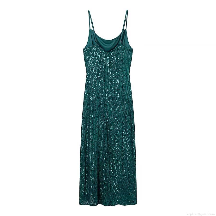 Women\'s Elegant Sexy Peacock Green Sequin Midi Dress Cowl Neck Side Slit Adjustable Spaghetti Strap Sparkly Polyester Bodycon Party Evening Dress