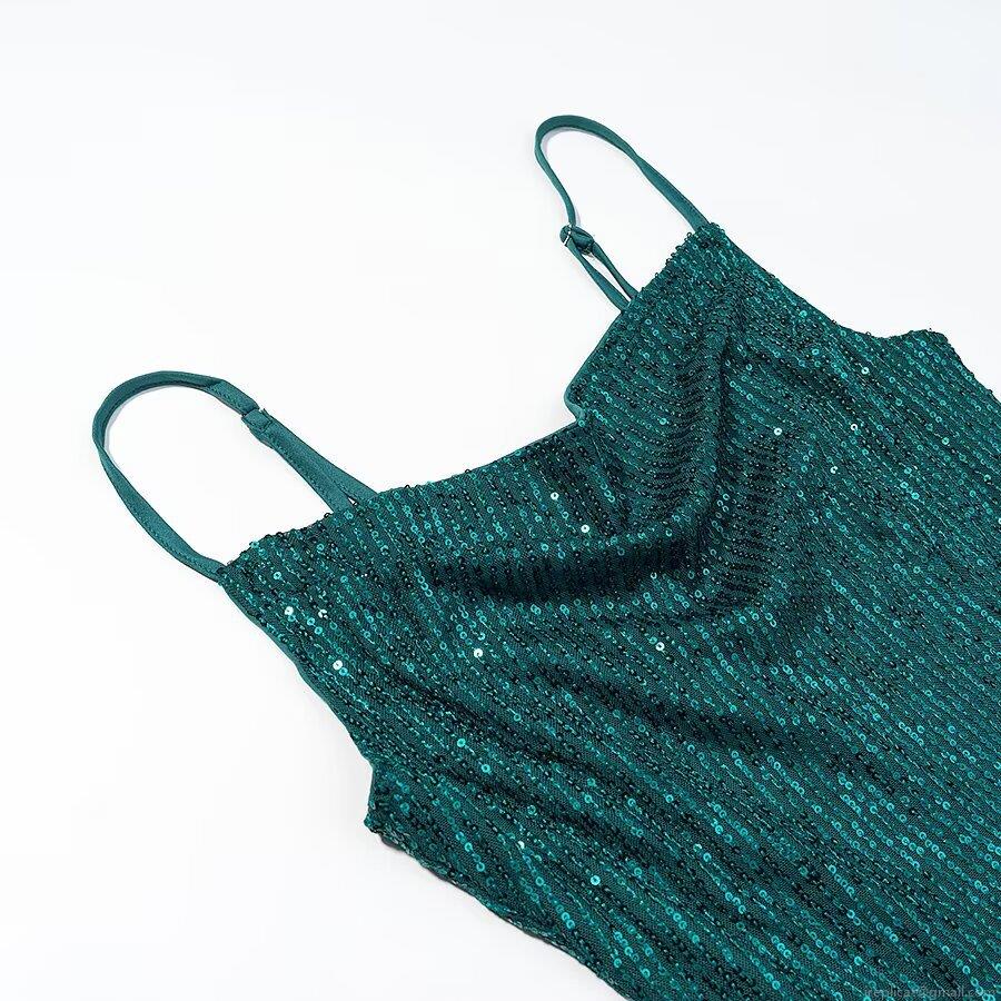 Women\'s Elegant Sexy Peacock Green Sequin Midi Dress Cowl Neck Side Slit Adjustable Spaghetti Strap Sparkly Polyester Bodycon Party Evening Dress