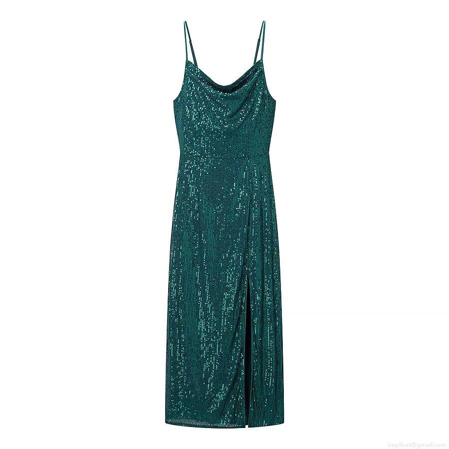 Women\'s Elegant Sexy Peacock Green Sequin Midi Dress Cowl Neck Side Slit Adjustable Spaghetti Strap Sparkly Polyester Bodycon Party Evening Dress