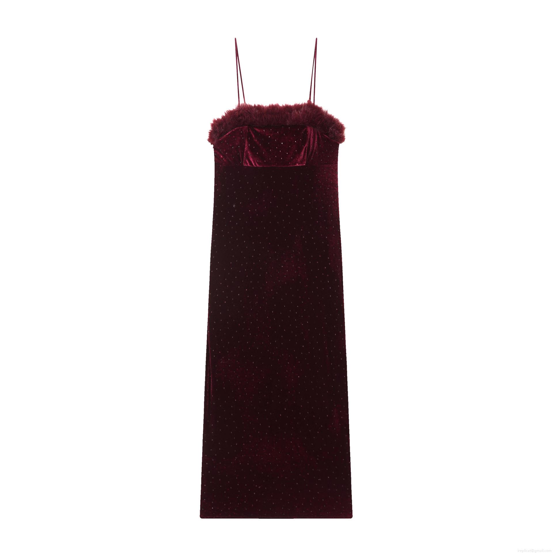 Elegant Women Burgundy Velvet Midi Dress With Faux Fur Trim And Rhinestones Spaghetti Strap V-Neck Sexy Slim Fit Party Evening Nightclub Prom Gown Elegant Women Burgundy Velvet Midi Dress With Faux Fur Trim And Rhinestones Spaghetti Strap V-Neck Sexy Slim Fit Party Evening Nightclub Prom Gown