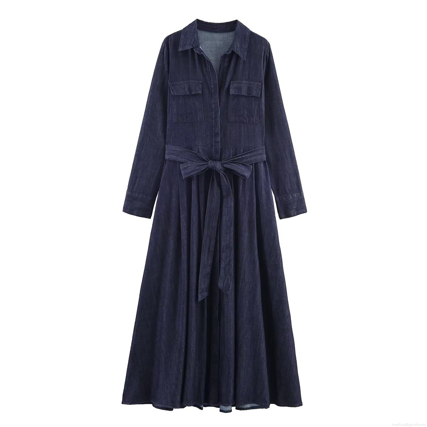 Women's Autumn Deep Blue Denim Shirt Dress With Waist Belt Elegant Long Sleeve Midi A-Line Dress Contrast Stitching Workwear Style Button Down Casual One-Piece Dress For Ladies Women's Autumn Deep Blue Denim Shirt Dress With Waist Belt Elegant Long Sleeve Midi A-Line Dress Contrast Stitching Workwear Style Button Down Casual One-Piece Dress For Ladies
