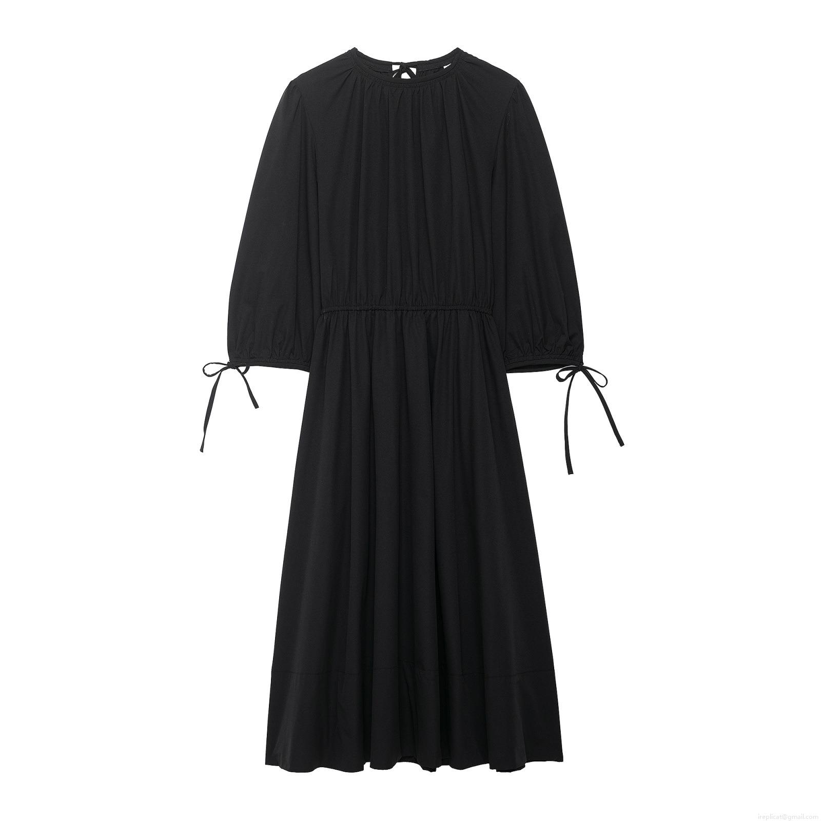 Women French Elegant Black Midi Dress 100% Polyester Long Sleeve Bow Tie Cuff Elastic Waist Pleated A-Line Party Casual Fashion Clothing Women French Elegant Black Midi Dress 100% Polyester Long Sleeve Bow Tie Cuff Elastic Waist Pleated A-Line Party Casual Fashion Clothing