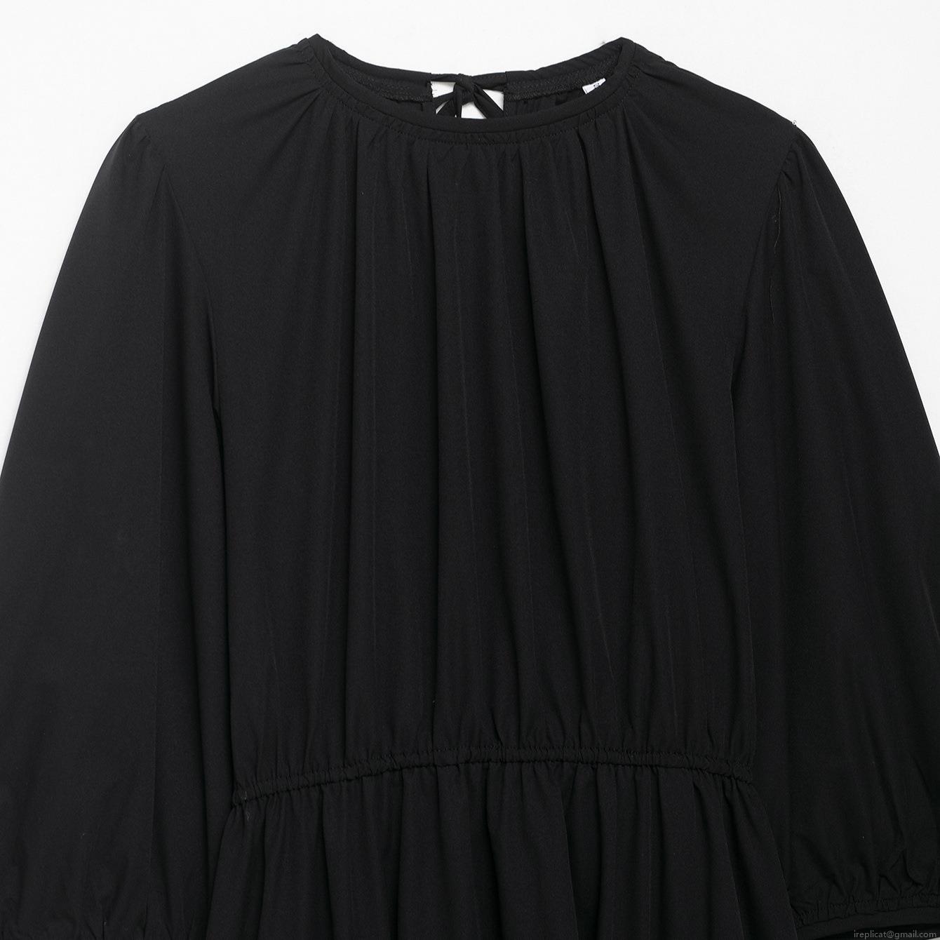 Women French Elegant Black Midi Dress 100% Polyester Long Sleeve Bow Tie Cuff Elastic Waist Pleated A-Line Party Casual Fashion Clothing