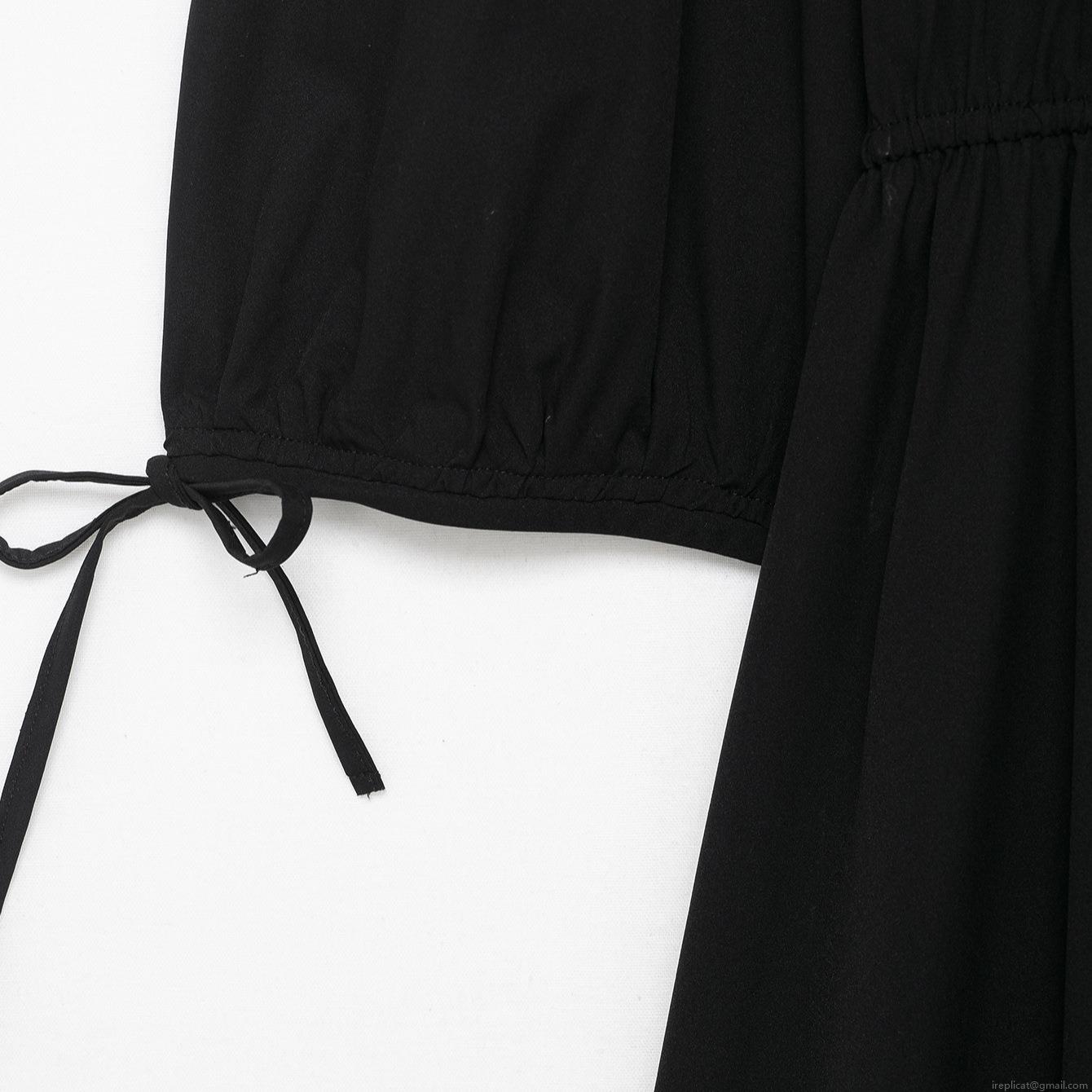 Women French Elegant Black Midi Dress 100% Polyester Long Sleeve Bow Tie Cuff Elastic Waist Pleated A-Line Party Casual Fashion Clothing