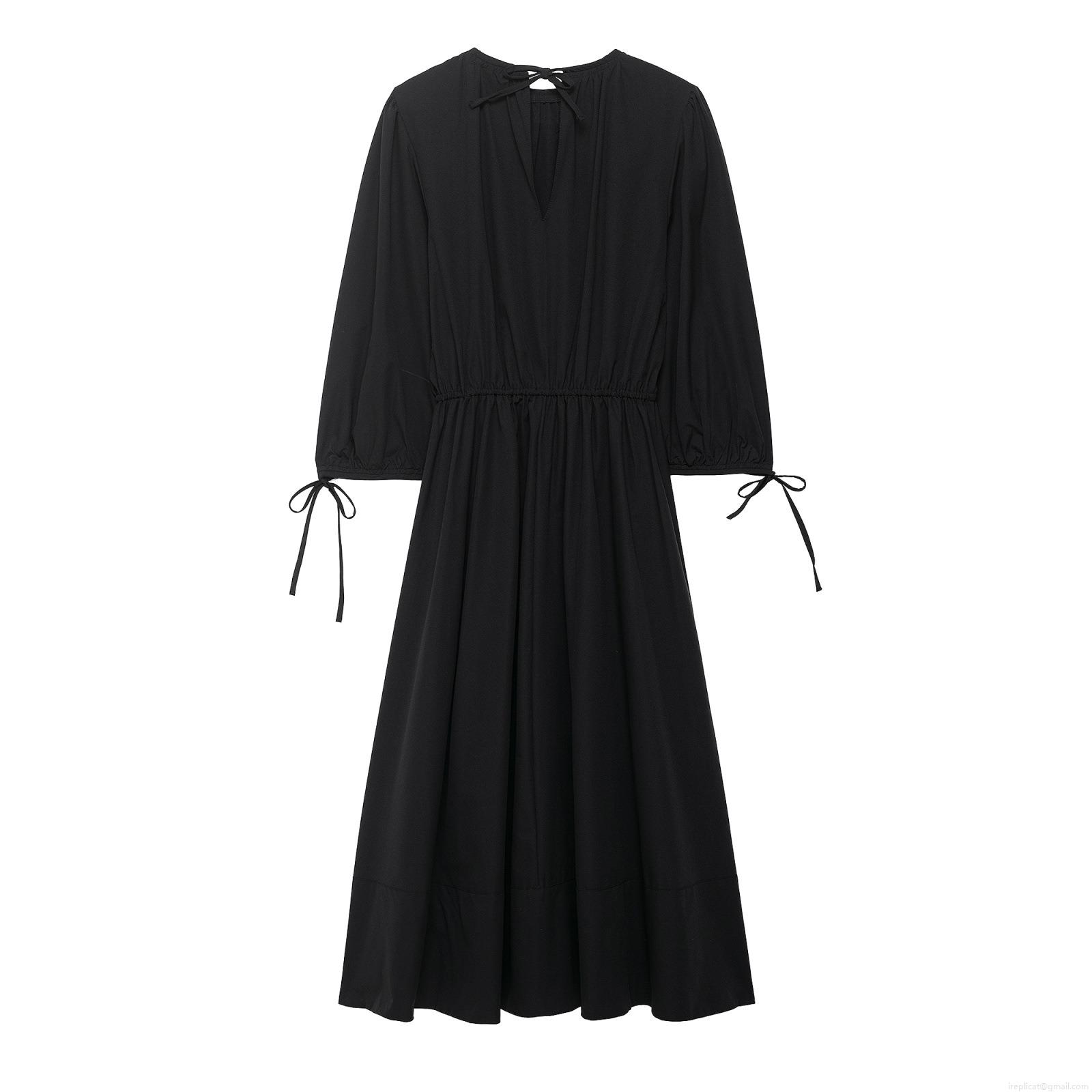Women French Elegant Black Midi Dress 100% Polyester Long Sleeve Bow Tie Cuff Elastic Waist Pleated A-Line Party Casual Fashion Clothing