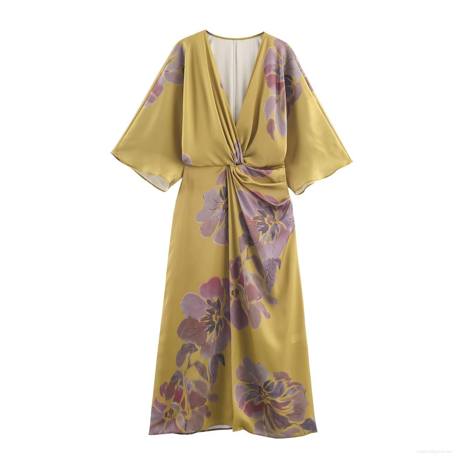 Women Mustard Yellow Floral Print Satin Midi Dress Elegant V-Neck Long Sleeve Knot Waist A-Line Dress For Party Commute Autumn Fashion Women Mustard Yellow Floral Print Satin Midi Dress Elegant V-Neck Long Sleeve Knot Waist A-Line Dress For Party Commute Autumn Fashion