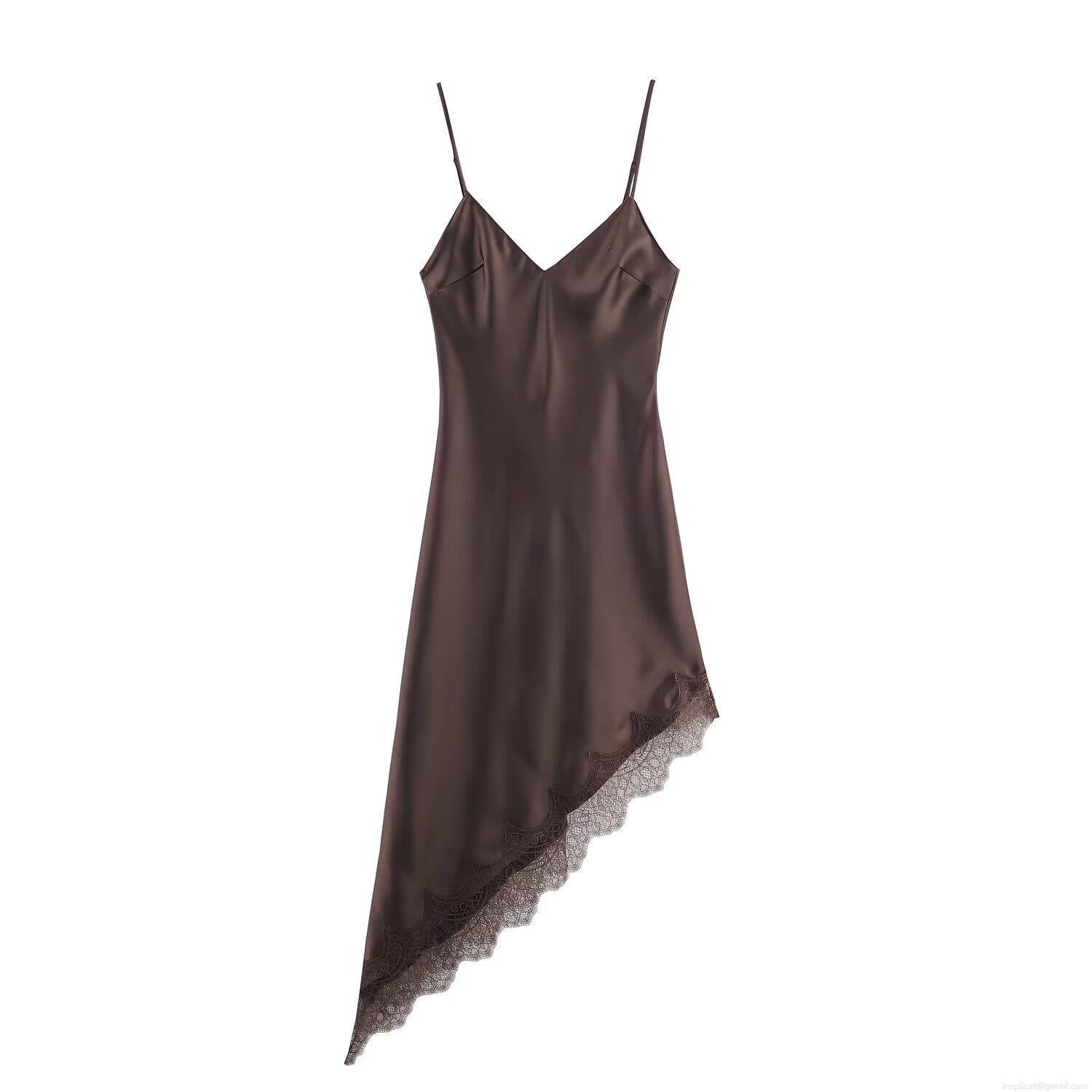 Women's Sexy Deep Brown Satin Slip Midi Dress With Lace Trim V-Neck Asymmetric Hem Autumn Sleeveless Evening Party Dress For Women Women's Sexy Deep Brown Satin Slip Midi Dress With Lace Trim V-Neck Asymmetric Hem Autumn Sleeveless Evening Party Dress For Women
