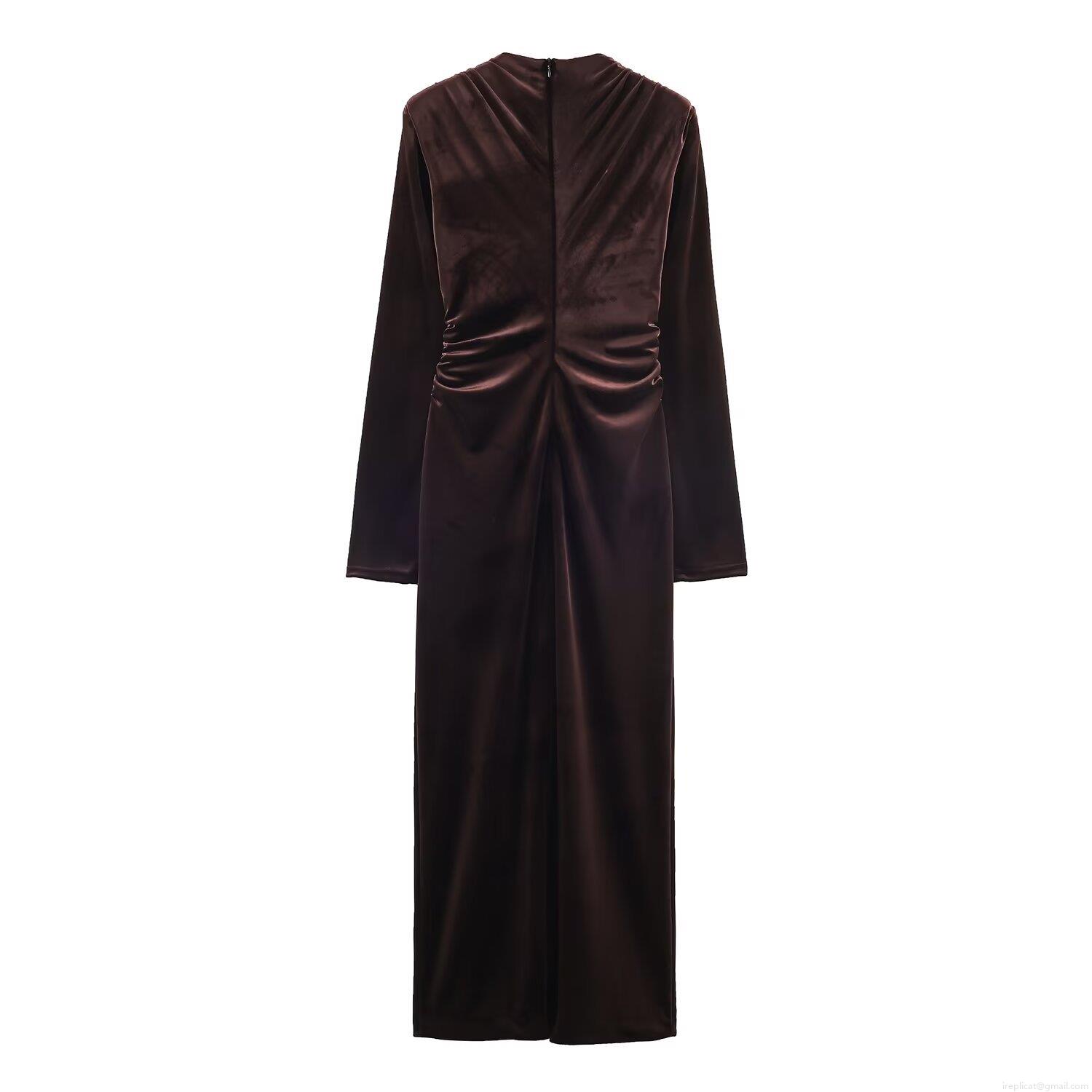 Elegant Women's V Neck Ruched Velvet Midi Dress Long Sleeve Slim Fit Pleated Bodycon Evening Party Cocktail Dresses For Women Elegant Women's V Neck Ruched Velvet Midi Dress Long Sleeve Slim Fit Pleated Bodycon Evening Party Cocktail Dresses For Women