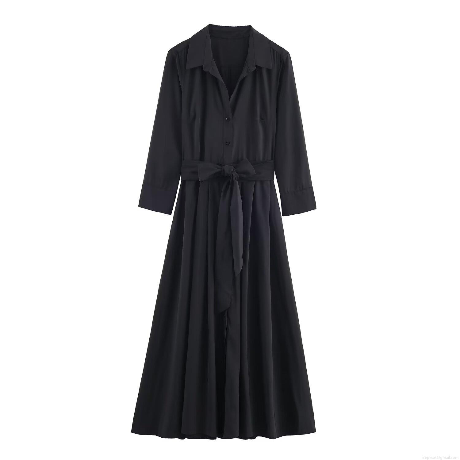 Women's Elegant Black Long Sleeve Shirt Dress Polyester Spandex Lapel Neck Tie Waist Button Down A-Line Midi Dress For Office Daily Casual Women's Elegant Black Long Sleeve Shirt Dress Polyester Spandex Lapel Neck Tie Waist Button Down A-Line Midi Dress For Office Daily Casual