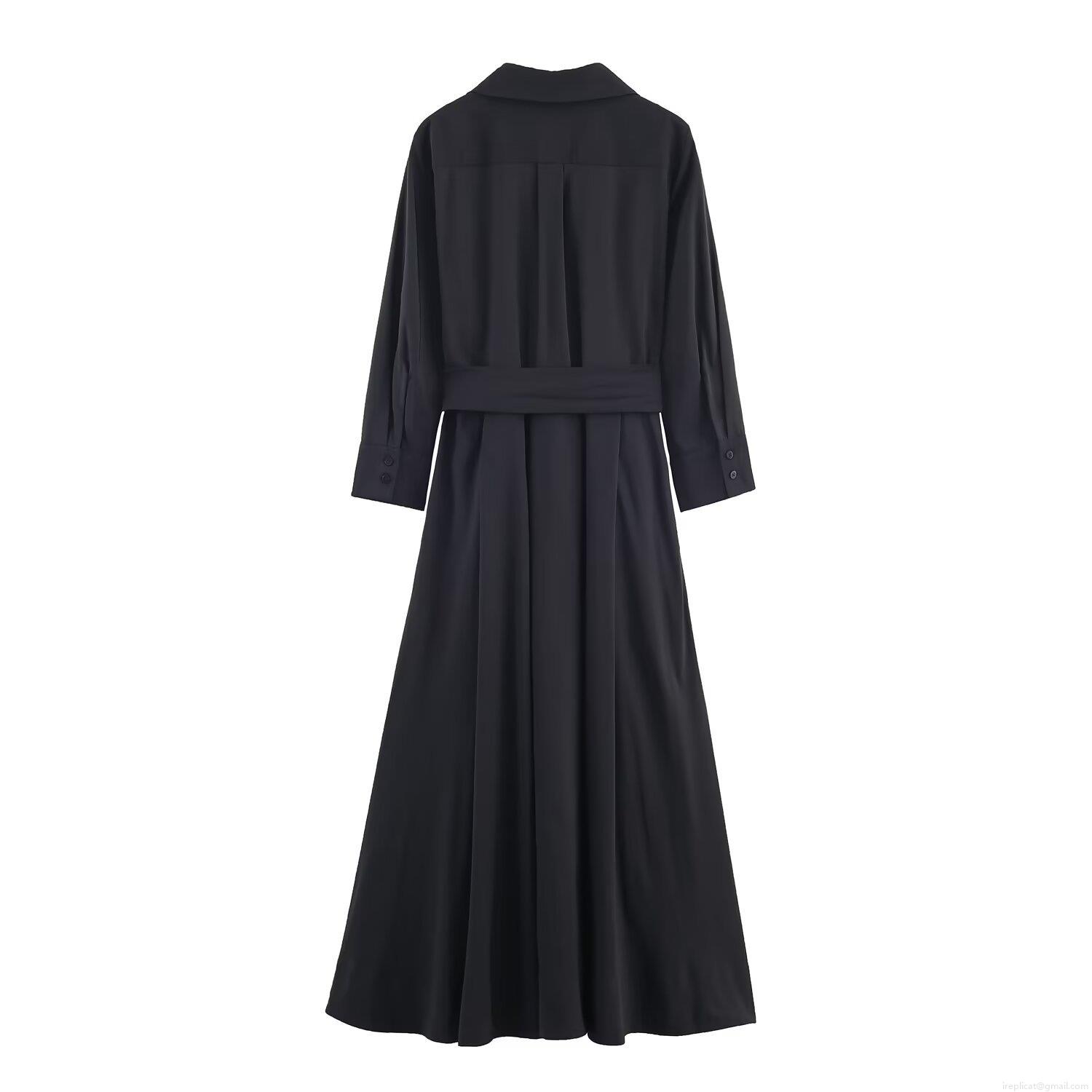 Women\'s Elegant Black Long Sleeve Shirt Dress Polyester Spandex Lapel Neck Tie Waist Button Down A-Line Midi Dress For Office Daily Casual