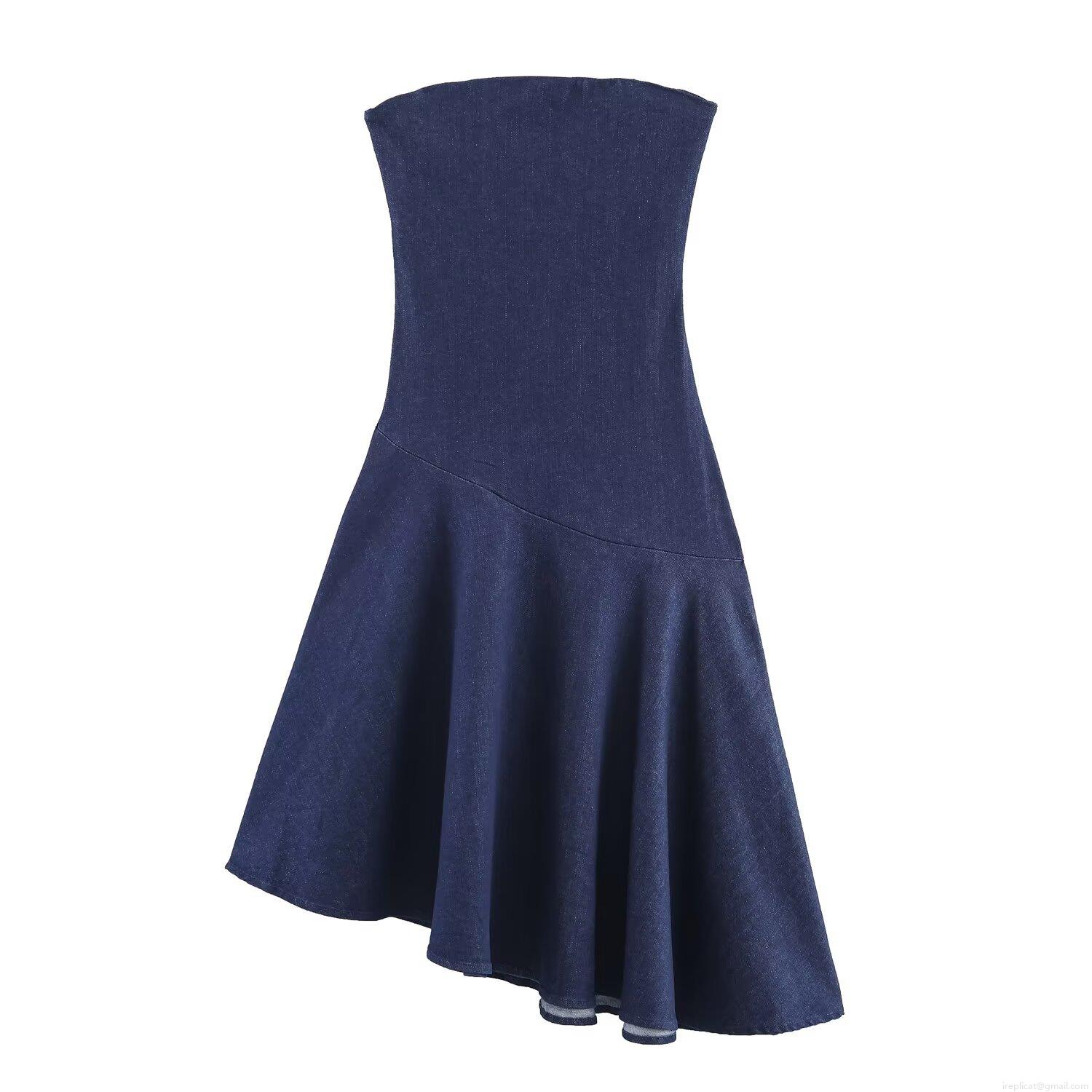 Sexy Strapless Denim Dress Women Asymmetric Ruffle Hem Back Zipper Bodycon Midi Dress Dark Blue Nightclub Party Fashion Lady Outfits Sexy Strapless Denim Dress Women Asymmetric Ruffle Hem Back Zipper Bodycon Midi Dress Dark Blue Nightclub Party Fashion Lady Outfits